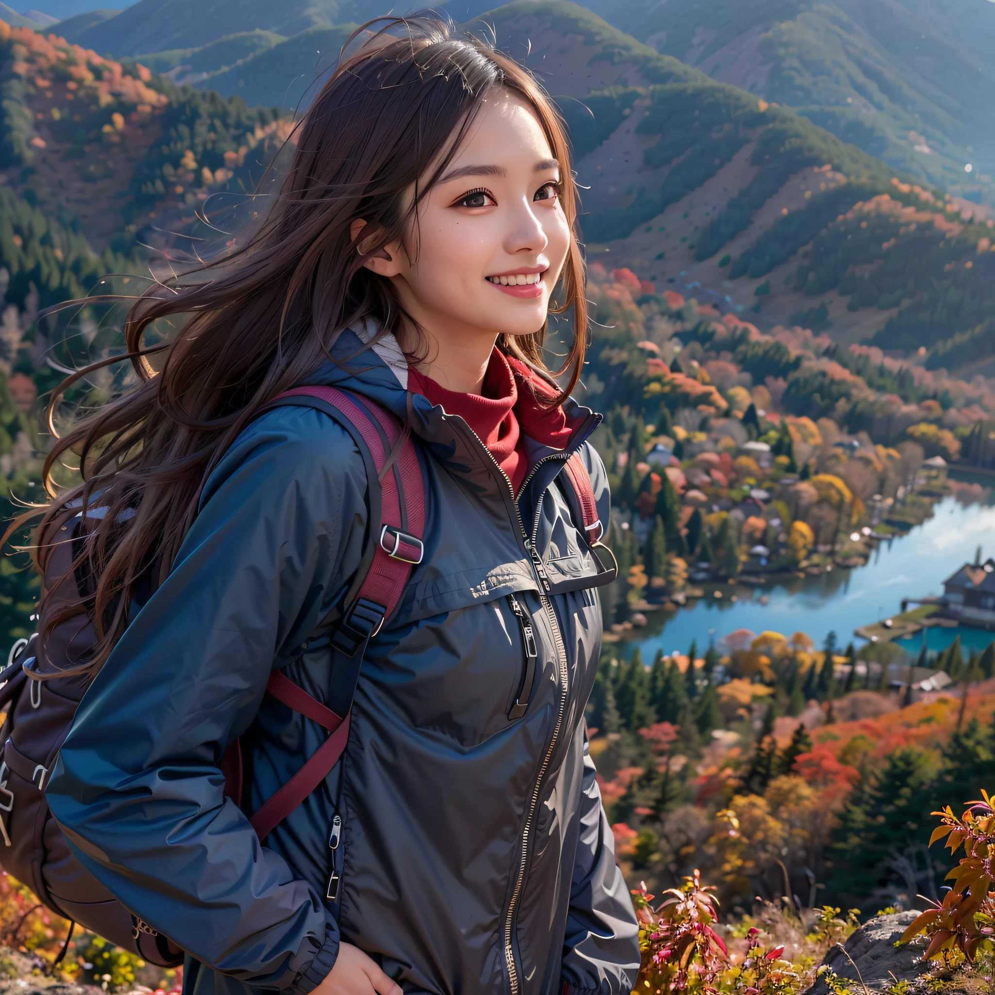 (Nature-scape photography), (best quality), masterpiece:1.2, ultra high res, photorealistic:1.4, RAW photo, (Magnificent mountain, sea of clouds), (On a very high mountain peak), (Blue sky in autumn, Red-colored forest), (wide angle shot),
(1girl), (Photo from the knee up:1.3), (looking at the audience), (18 years old), (smile:1.2), (shiny skin), (real skin), (semi-long hair, dark brown hair)
(windbreaker), (Trekking-pants), (Carrying a large backpack),
(ultra detailed face), (ultra Beautiful fece), (ultra detailed eyes), (ultra detailed nose), (ultra detailed mouth), (ultra detailed arms), (ultra detailed body), pan focus
