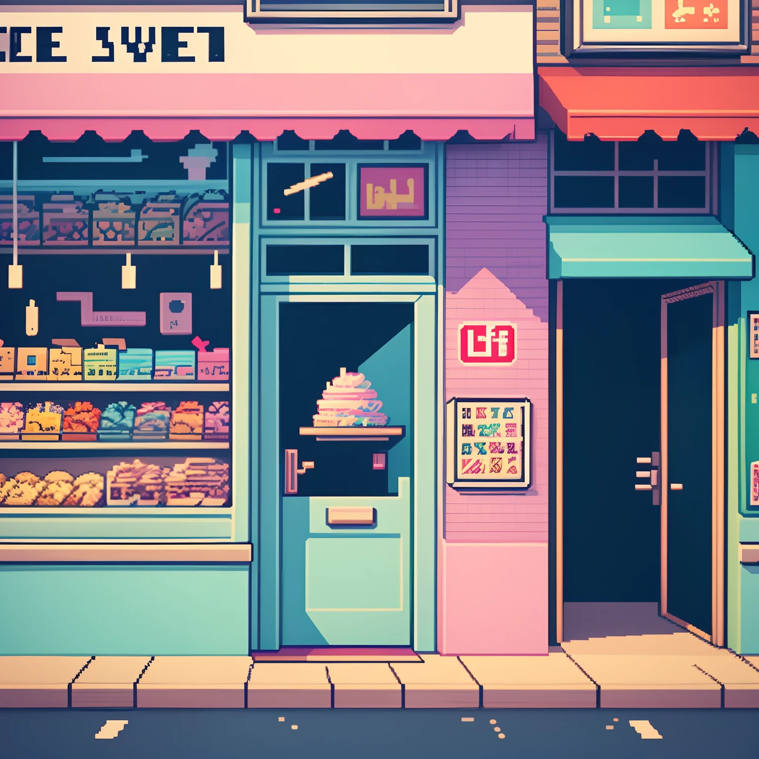 Pixel art　Cute shop　Sweets shop　ice cream　Lo-Fi del retro video games　lo-fi illustration style　8-bit pixel art　Pixel art