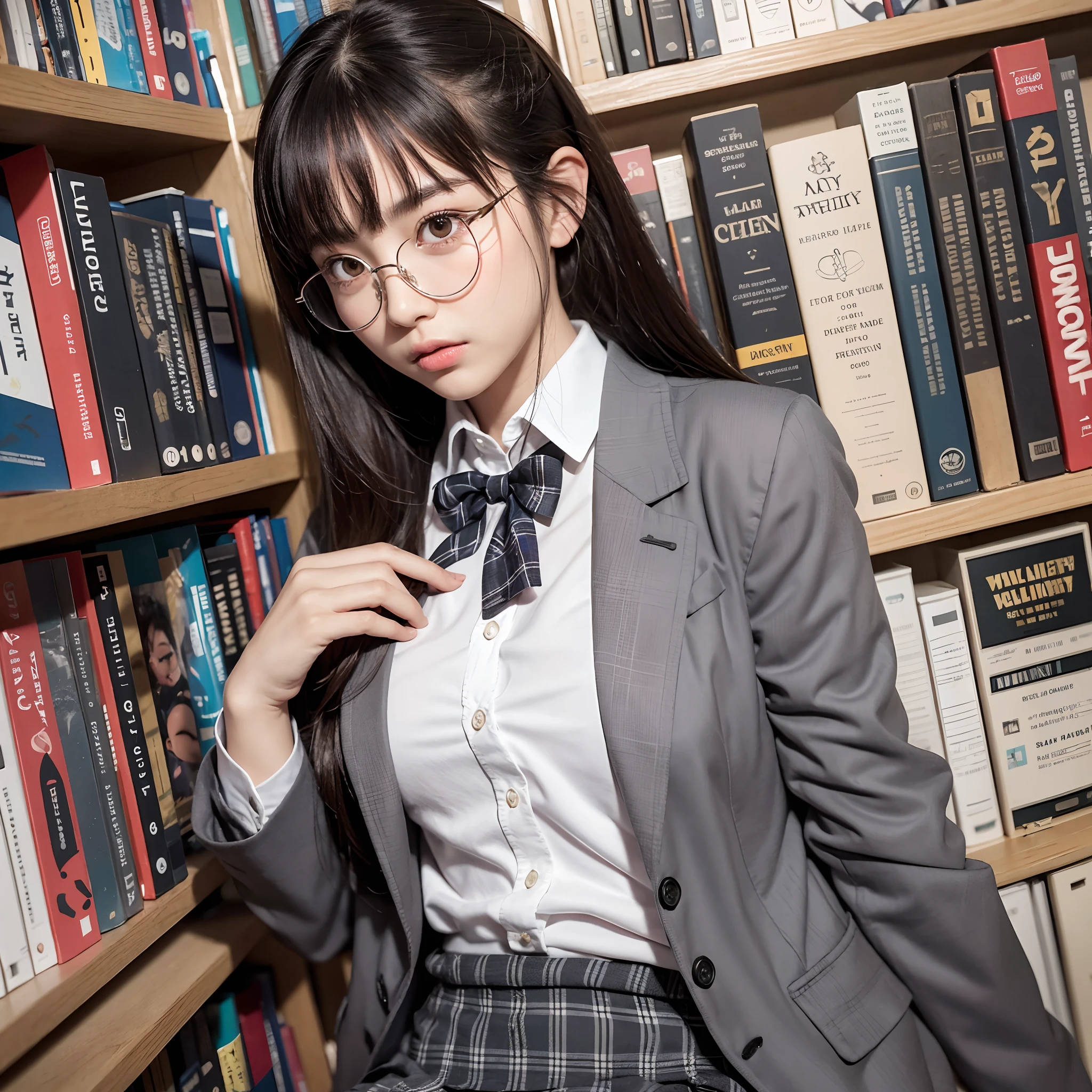 KR-PNY, Ridiculously long ponytail, Parted bangs, 1girll, School uniform, dark grey open jacket, dark grey blazer, Pleated skirt, plaid skirts, circle-glasses, Reading a book, Shy and quiet girl, looking at object, atlibrary, very detail hair, intricate detailes, masutepiece, Best Quality, Upper body, Realistic,nood，tmasterpiece