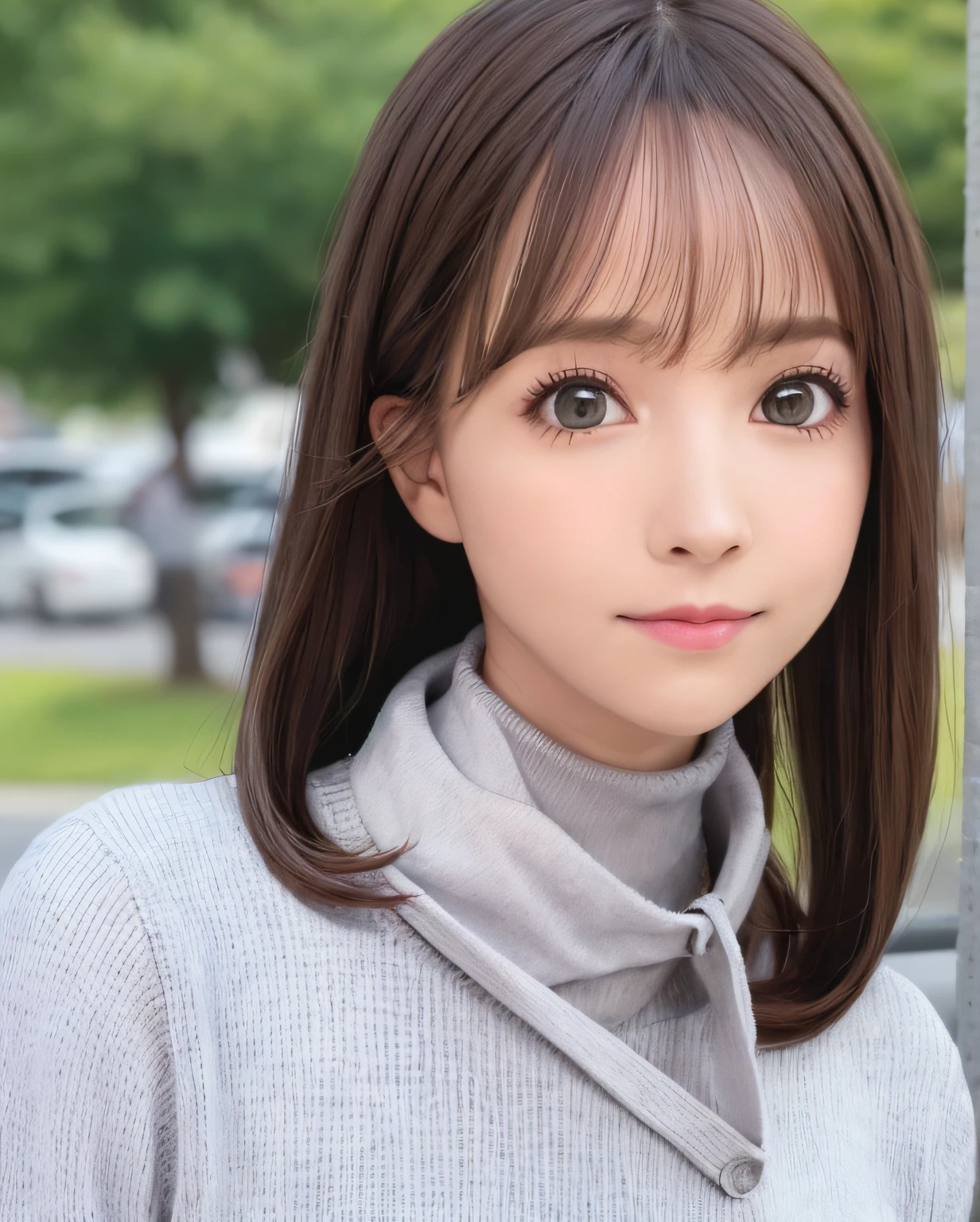 best quality, photorealistic, 8k, high res, 1girl, woman, (skindentation), (portrait:0.6), ((cityscapebackground:1.52)), full color, ((smallsize round breast, highneck sweater:1.5)), straight-looking at viewer:1.8, (1girl eyes looking at viewer:1.45, medium-length hair, blackhair, partedbangs:1.45), (bokeh),