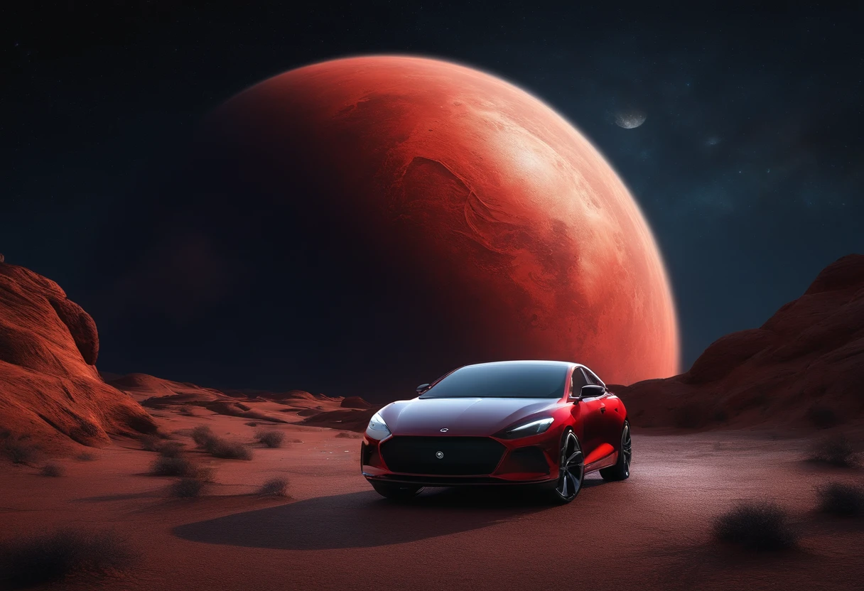 a space art Galactic Landscape, Costa, sky with big red planet , arte conceitual, vetor, alta qualidade, Viewing great detail, Motor irreal, octane rendering, Ultra alta qualidade, ultra high-resolution, surreal, Cor Correta, Good Lighting Settings, good composition, bordas afiadas, harmonious composition, ultra precise, master part, Trabalho premiado, plantas definidas, perfect composition, planeta circular bem definido, com um carro preto e vermelho futurista em frente a paisagem, carro preto e vermelho estacionado no planeta,