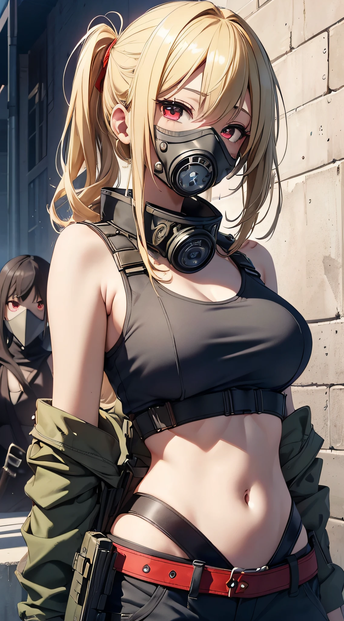 top-quality、Top image quality、masterpiece、girl with((18year old、Blue navel tank top、Military pants、Best Bust、Bust 90、Blonde lointail、Red Eyes、open chest wide、Valley、Happiness、A slender、ssmile、gas masks、Survival knife、Survival Suit))hiquality、Beautiful Art、Background with((Savage Club))、masutepiece、Elaborate design、visualart、