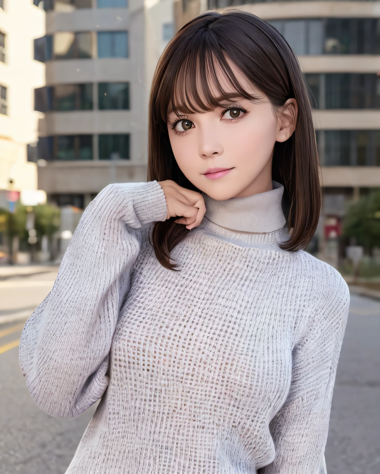 best quality, photorealistic, 8k, high res, 1girl, woman, (skindentation), (portrait:0.6), ((cityscapebackground:1.52)), full color, ((smallsize round breast, highneck sweater:1.5)), straight-looking at viewer:1.8, (1girl eyes looking at viewer:1.45, medium-length hair, blackhair, partedbangs:1.45), (bokeh),