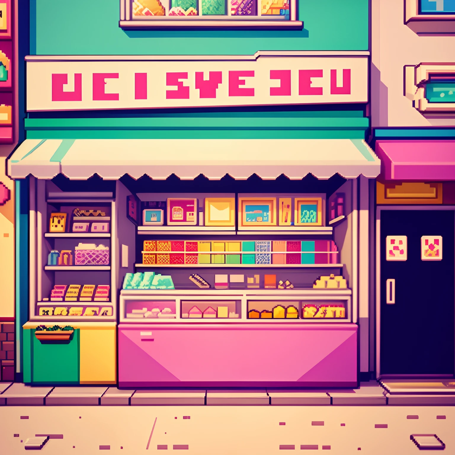 Pixel art Cute shop Sweets shop ice cream Lo-Fi del retro video games lo-fi illustration style 8-bit pixel art Pixel art