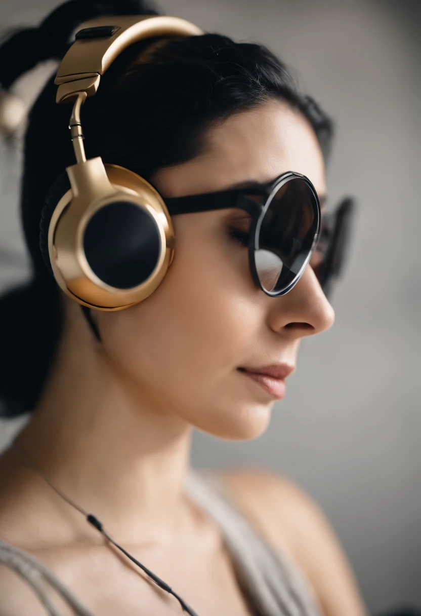 white Black hair girl attached in a bun with a casque recording an audio for podcast with round gold glassess
