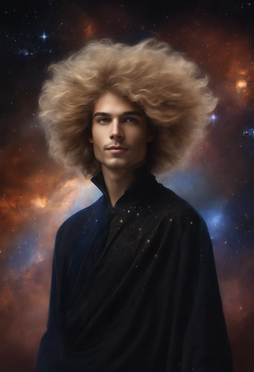Painting of a man with a galaxy hair and a black dress, strange portrait with galaxy, Face with cheerful features, retrato sorrindo, sorrindo com os olhos, retrato masculino da fantasia, Boy with cosmic hair, portrait of a cosmic entity, retrato de fantasia digital, Portrait of a cosmic god, retrato da arte da fantasia, fantasy genre portrait, Portrait of a cosmic god, astral appearance, retrato bonito da fantasia, retrato da fantasia, rosto derretendo no universo