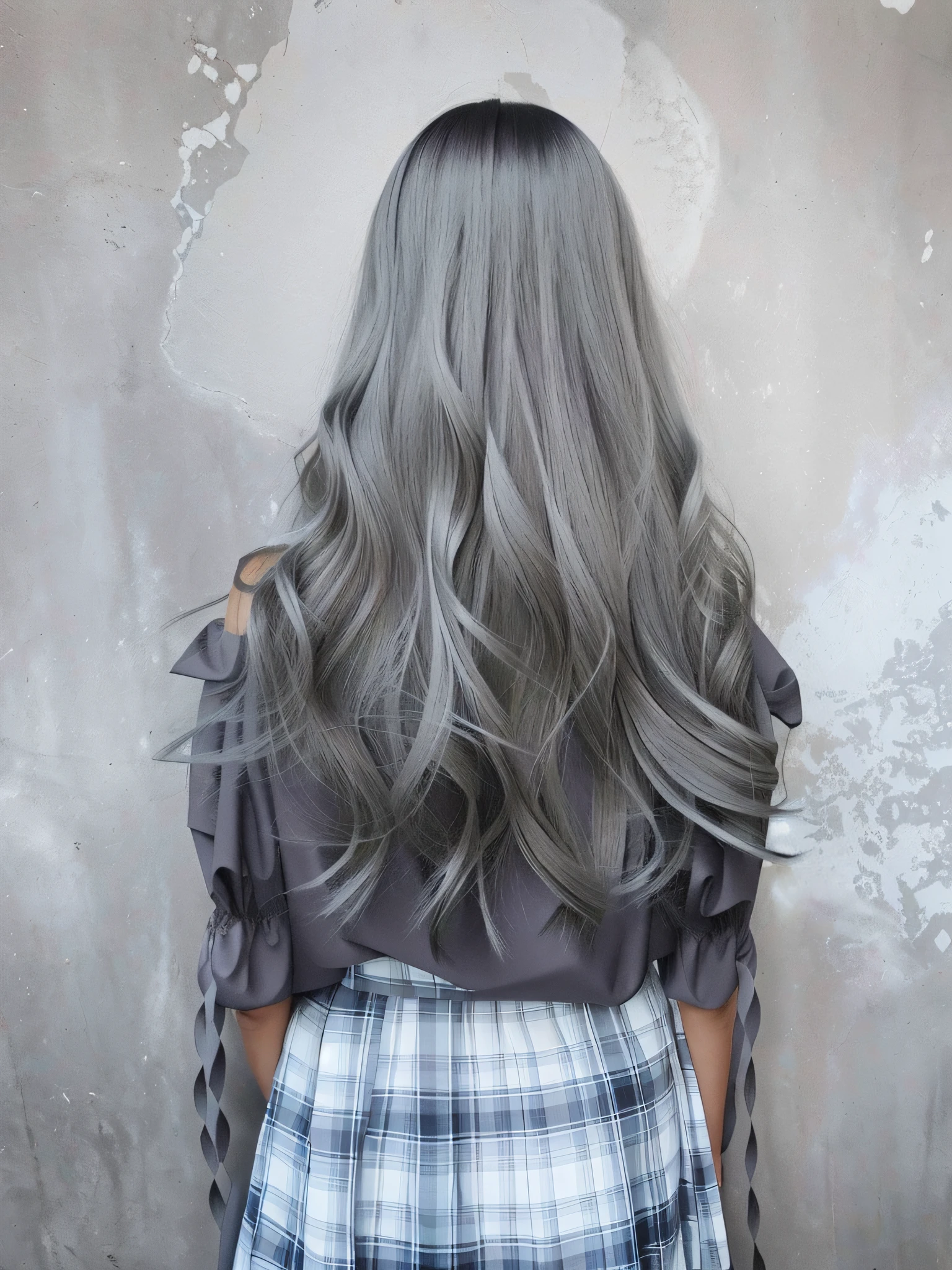 Woman with long hair standing in front of wall, light gray long hair, Silver long hair, Long grey hair, very long silver hair, Long silver hair, Gray color, long straight silver hair, with white long hair, long gray-white hair, Dark gray hair, Clothes must remain in their original photos、Product Images、Beautiful hair、beautiful hairl、The top of the head is black、Pudding Hair、well-groomed straight hair、Straight hair、Reduce curls、super straight hair、hair is perfectly straight、Hair straightening,well-groomed straight hair,Cure looseness