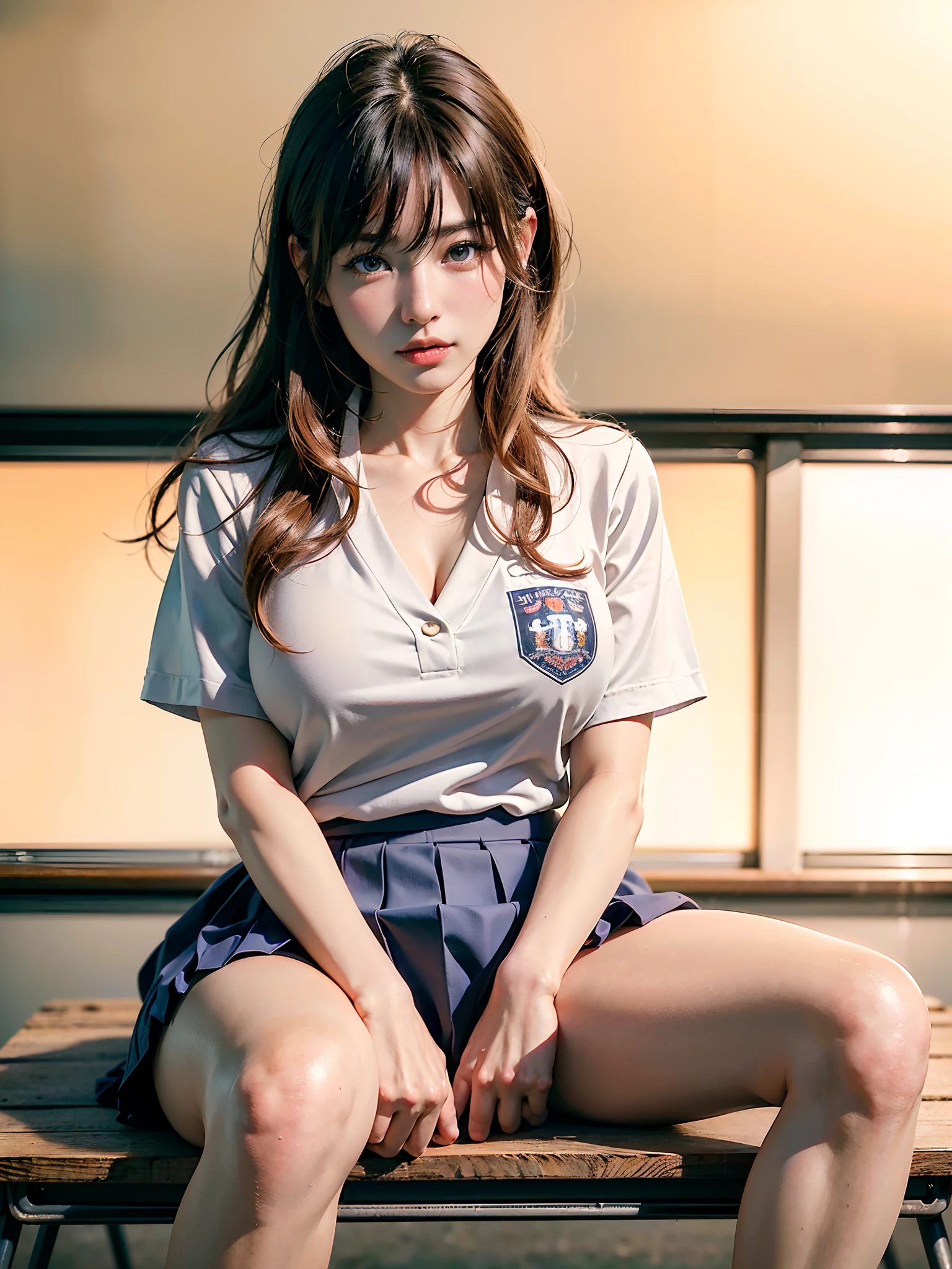 (masutepiece, top-quality:1.3), (Ultra-detailed 8K image quality CG:1.2), (hyper realisitic:1.35), (Photorealistic:1.45), (Realistic:1.4), Cowboy Shot,
1 beautiful Japanese girl, 22 years old, super model, Japanese Idol, Large breasts, (sitting on the desk:1.1), (School uniform:1.4), (Spread legs:1.2),knees up、(School classroom background:1.1),