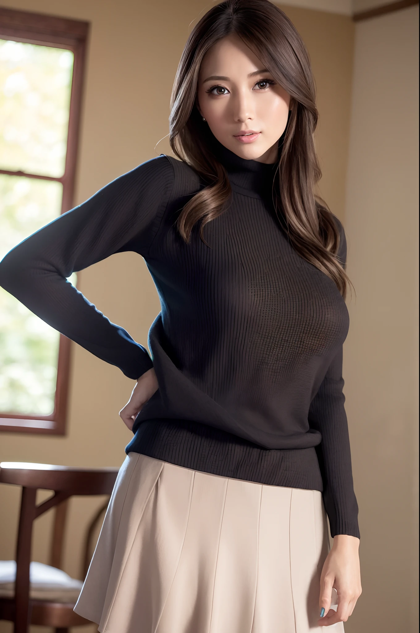 autumnal，Deciduous landscape，lacepantyhose，((turtle necked sweater、flered skirt、pleatedskirt))、depth of fields，Real Light，Ray traching，OC Renderer，UE5 Renderer，Hyper-realistic，best qualtiy，8K，Works of masters，super-fine，Correct anatomy、(Best Quality, 4K, masutepiece: 1.3), Beautuful Women、Hyper-realistic, 1girl in,hyperdetailed face,Detailed eyes,二重まぶた, (Beautiful detailed lips),Sexy face,Women of Alafe,25-years old、