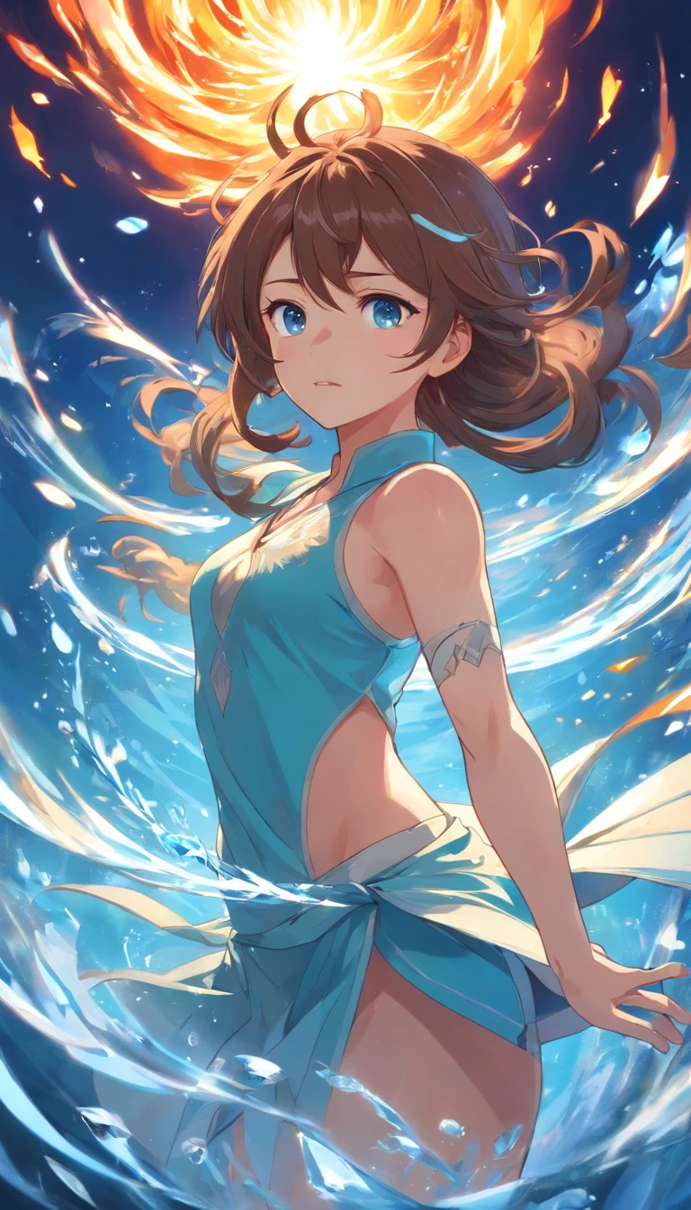 Dynamic angle, ((Full body posing:1.5), (colorful:1.2), (extremely detailed CG unity 16k wallpaper:1.1), (Denoising strength: 1.45), (tmasterpiece:1.37), ((official art)), 1boy, solo, staff, midriff, fire, magic, long hair, brown hair, navel, muscle body, blue eyes, cleavage, glamor, beautiful detailed glow, detailed ice, beautiful detailed water, (magic circle:1.2), (floating palaces:1.3), fantasy, magic, ((masterpiece)), ((best quality))