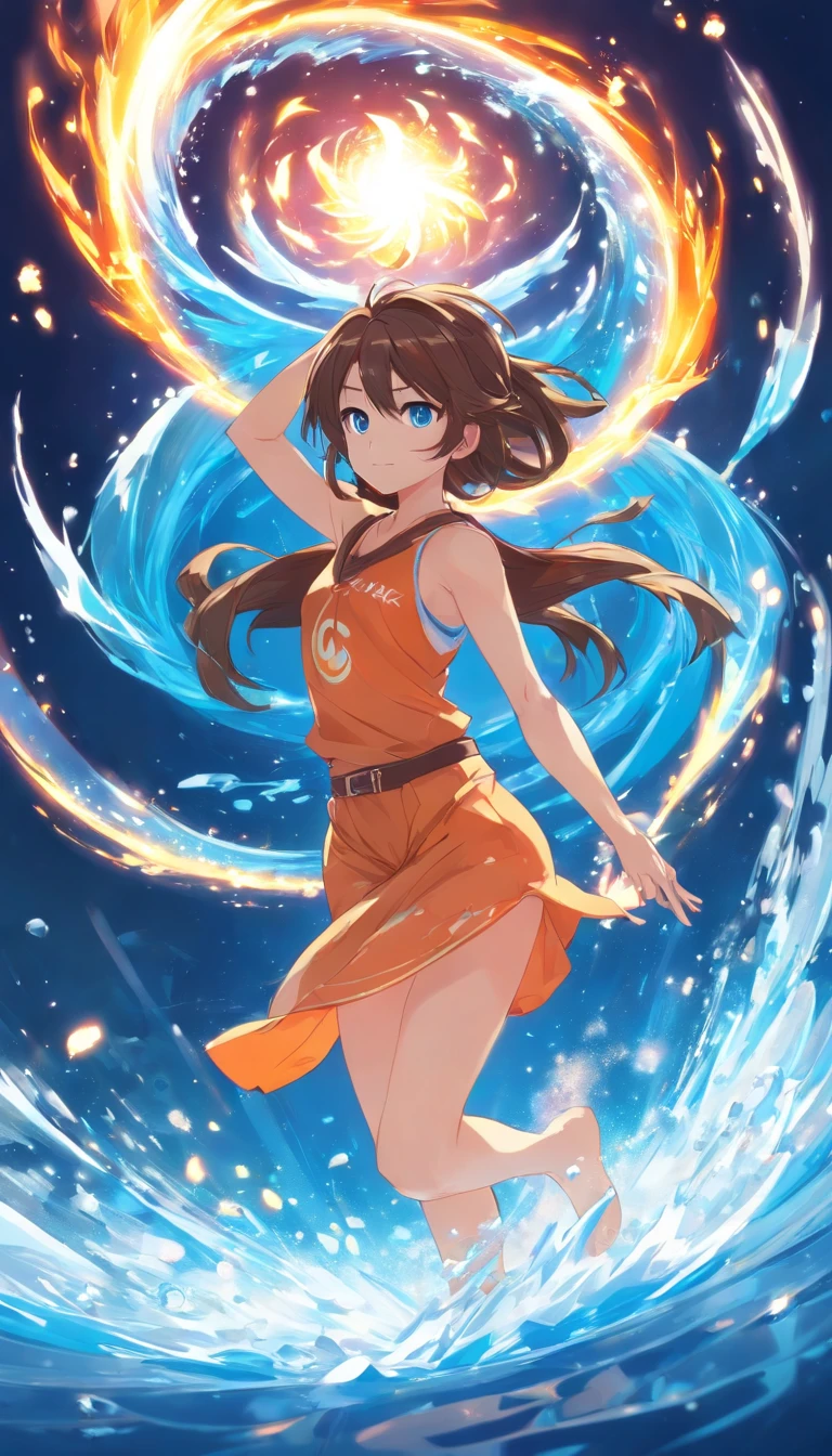 Ethereal being, loose bun, bioluminescent see-through attire, goku sexy + sarada power dark sunglasses, full-body stance, low squatting perspective, emitting moody constellation of hues including brown, red, orange, lime, yellow, cyan, surrounded by tempest of luxurious light, boom of oranges and reds, sparks, digital painting, ultra-realistic, dramatic lighting