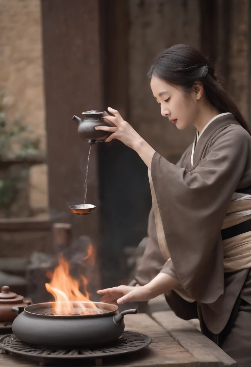 Anime girl in hanfu standing next to a teapot, Boiling the teapot over charcoal on the stove, Side Body,Stove,charcoal fire,teapot,Please wear black cloth shoes,Authors:by Qu Leilei, Authors:Chen Da-fu, Authors:Xia Gui, Authors:Elephant Yigi, by Yang J, Authors:Qiu Ying, Authors:Chen Jiasui, Authors:Shaggy, Authors:Hsia Yong, Authors:Yao Tingmei, Drinking tea, by Li Song