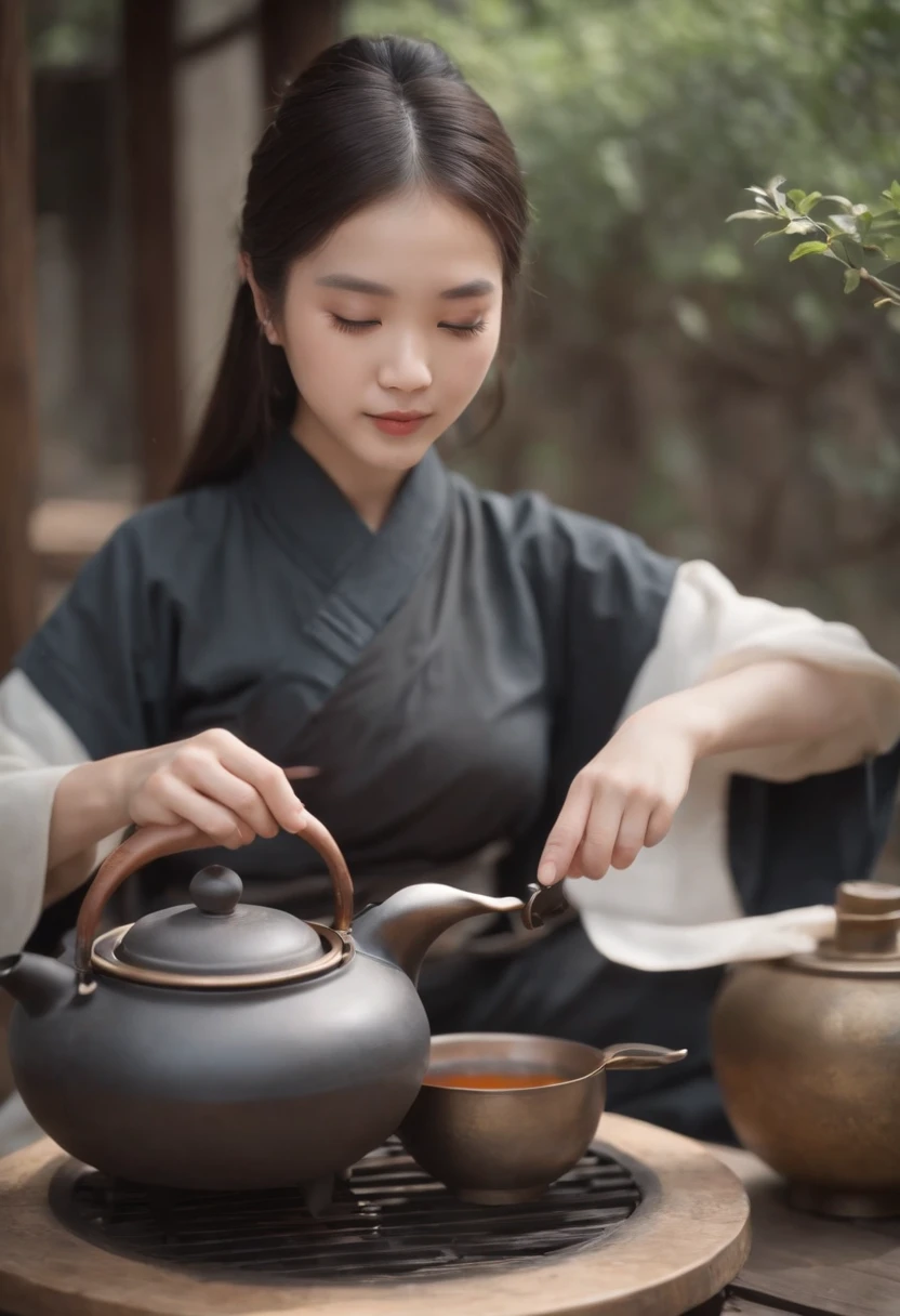 Anime girl in hanfu standing next to a teapot, Boiling the teapot over charcoal on the stove, Side Body,Stove,charcoal fire,teapot,Please wear black cloth shoes,Authors:by Qu Leilei, Authors:Chen Da-fu, Authors:Xia Gui, Authors:Elephant Yigi, by Yang J, Authors:Qiu Ying, Authors:Chen Jiasui, Authors:Shaggy, Authors:Hsia Yong, Authors:Yao Tingmei, Drinking tea, by Li Song