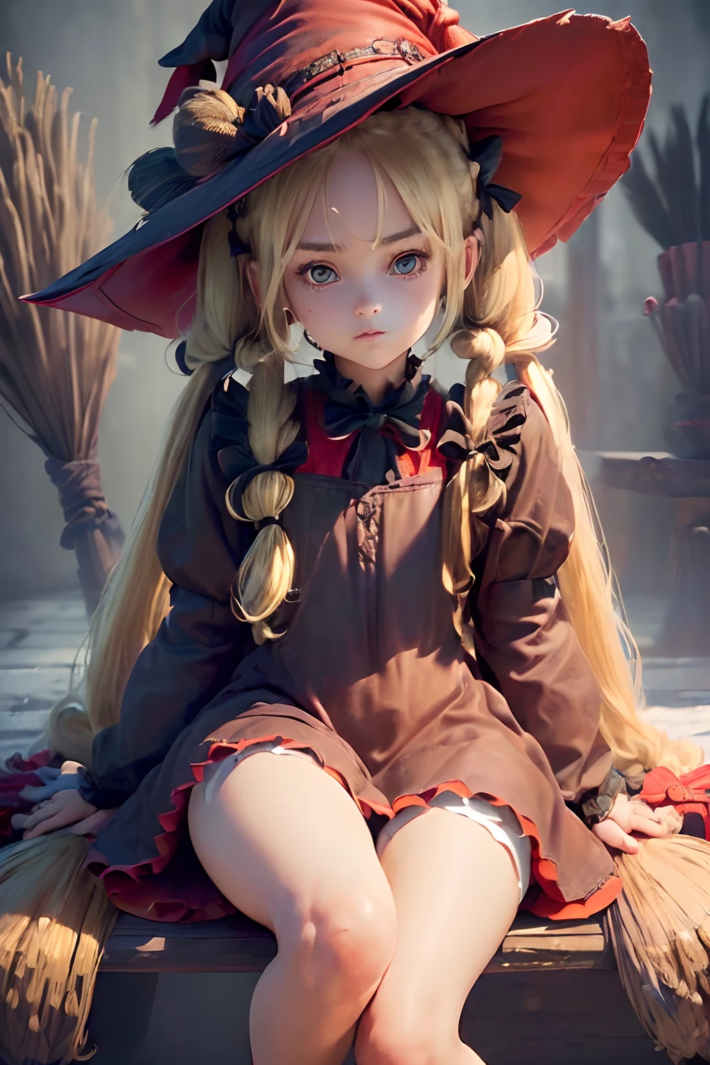 ((((hyperdetailed face, Perfect face and nice perfect face)))),( hight resolution, ultra-detailliert), (((((Petite girl with long hair blonde twin tails)))),(())),((((Red Maid Dress)))),(((girl with))),,((((Sit on a broom and fly)))),(((witch's hat))),(((Open your legs))),(((Fold your hands behind your back)))