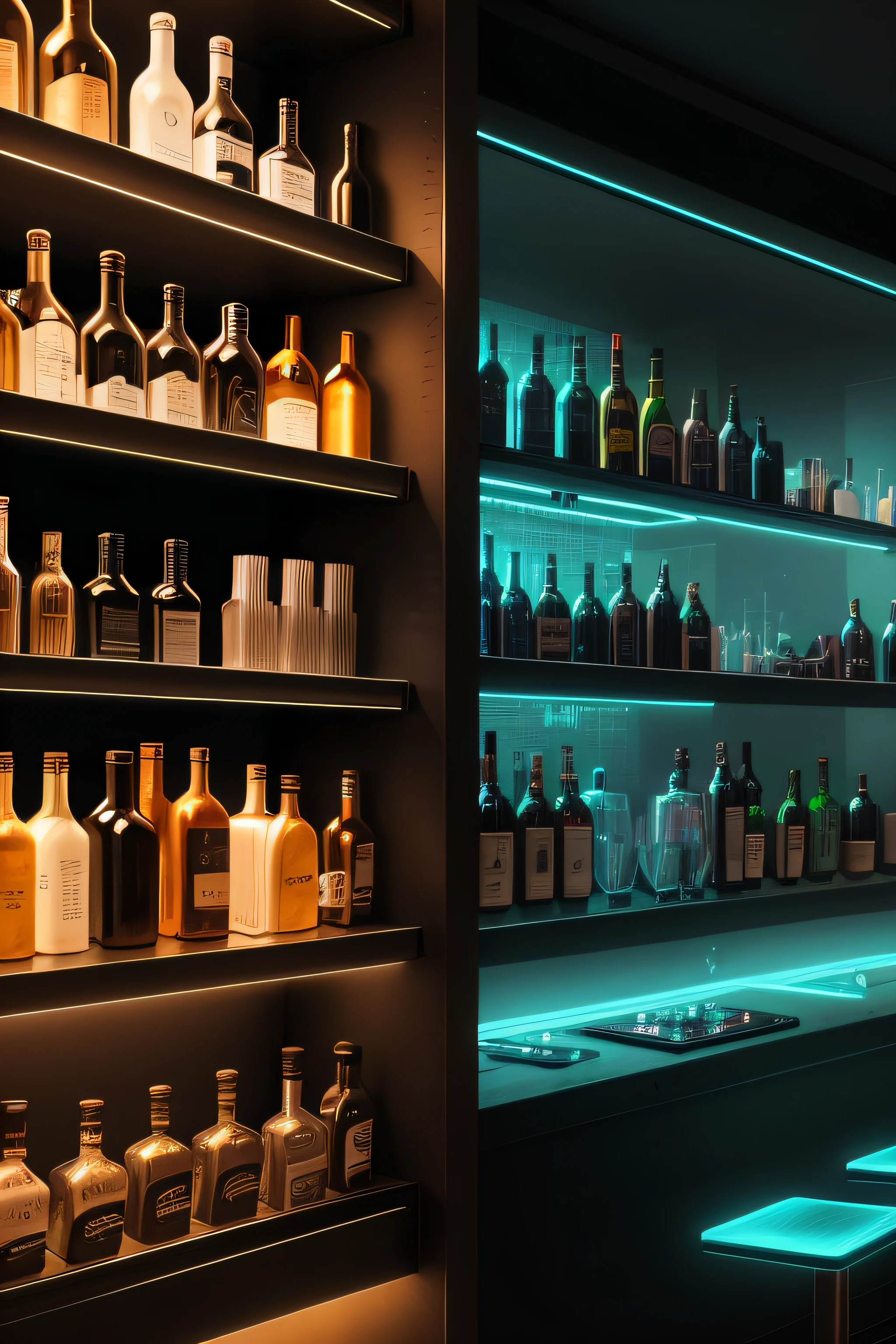 create futuristic bar (cyberpunk style, front camera, shelves with bottles.