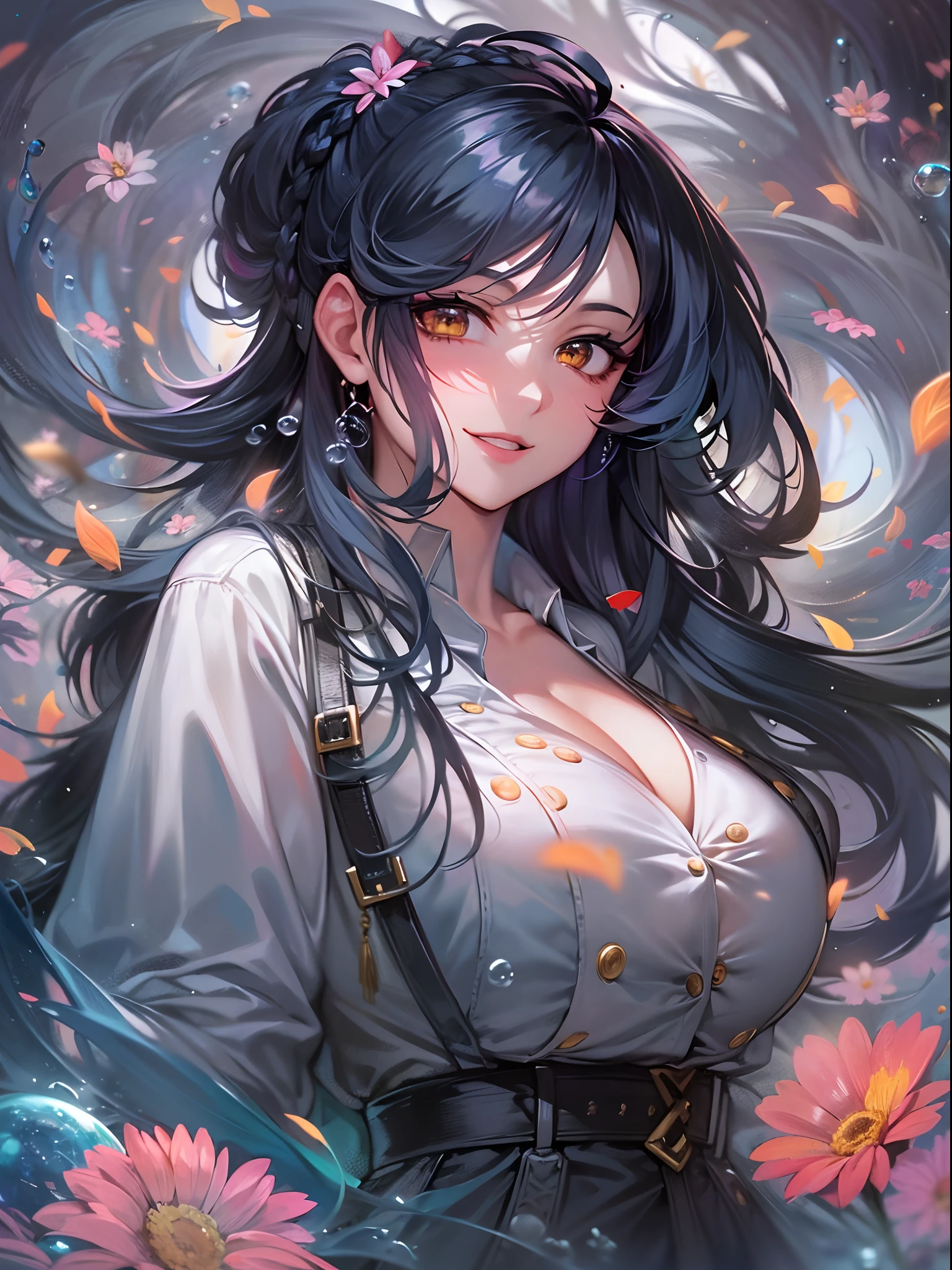 best quality, masterpiece, Extremely detailed, Detailed background, 1 Girl, Solitary, Long hair, flower, Blue Hair, White background, pink flower, Simple background, contour, Upper Body, shirt, white shirt, white flower, bow, Bangs, Purple Eyes, leaf, blush