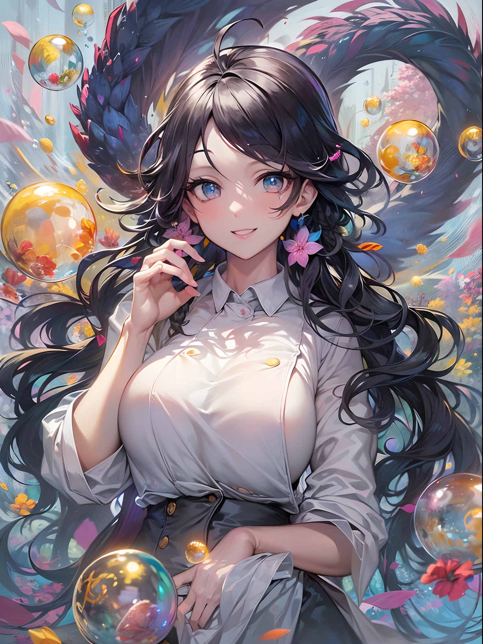 (masutepiece), (Best Quality), (ultra-detailliert),(disheveled hair),(Illustration), (1 Lady), Standing, Fashion Model, Looking at Viewer, (interview), (Detailed background),Beautiful detailed eyes, Delicate beautiful face, floating,(High color saturation),(Colorful splashes),colorful bubble,(Shining), Floating flowers, Floating hairs, (Shining), The best lighting, Best Shadow, 1 Evil only,(huge-breasted:1.5),Black hair,braid ponytail,Ahoge,kindly smile,Full body like,Cool slime,Majestic and graceful dragon,