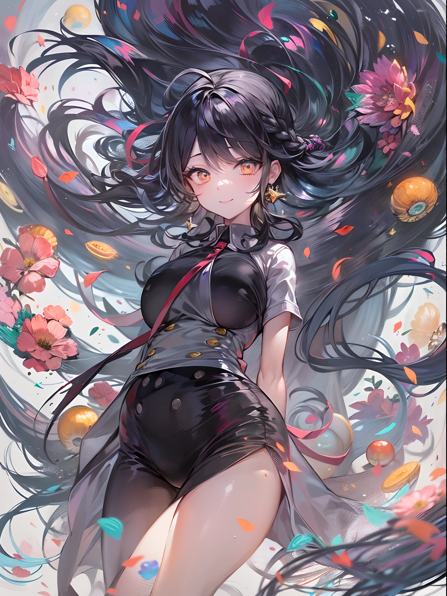 (masutepiece), (Best Quality), (ultra-detailliert),(disheveled hair),(Illustration), (1 Lady), Standing, Fashion Model, Looking at Viewer, (interview), (Detailed background),Beautiful detailed eyes, Delicate beautiful face, floating,(High color saturation),(Colorful splashes),colorful bubble,(Shining), Floating flowers, Floating hairs, (Shining), The best lighting, Best Shadow, 1 Evil only,(huge-breasted:1.5),Black hair,braid ponytail,Ahoge,kindly smile,Full body like,Cool slime,Majestic and graceful dragon,