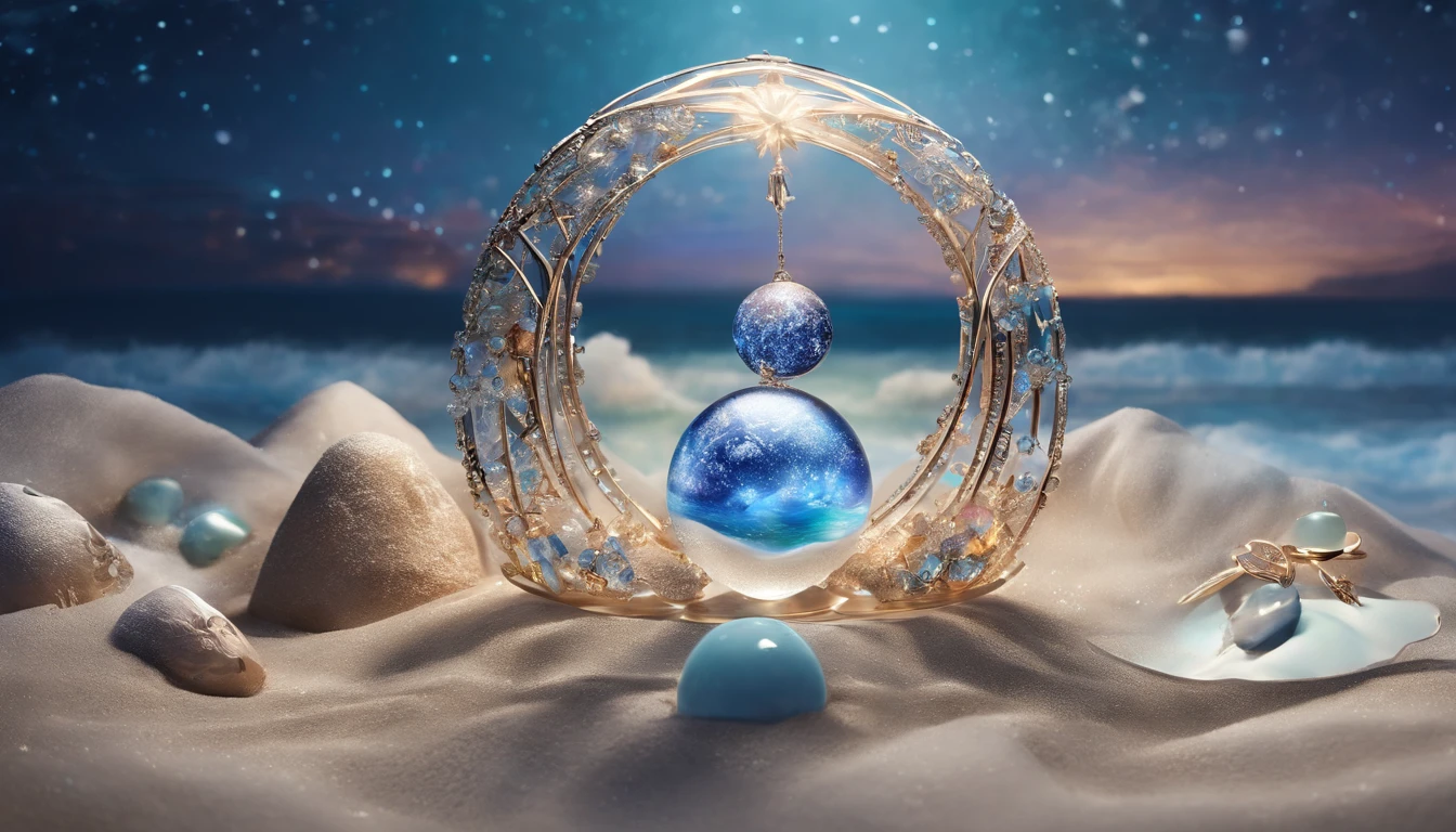 huge planet, the night, starrysky, surrealism, masutepiece, hight resolution、Impressive Milky Way、sand beach、Blue Sea、Jewelry Ice