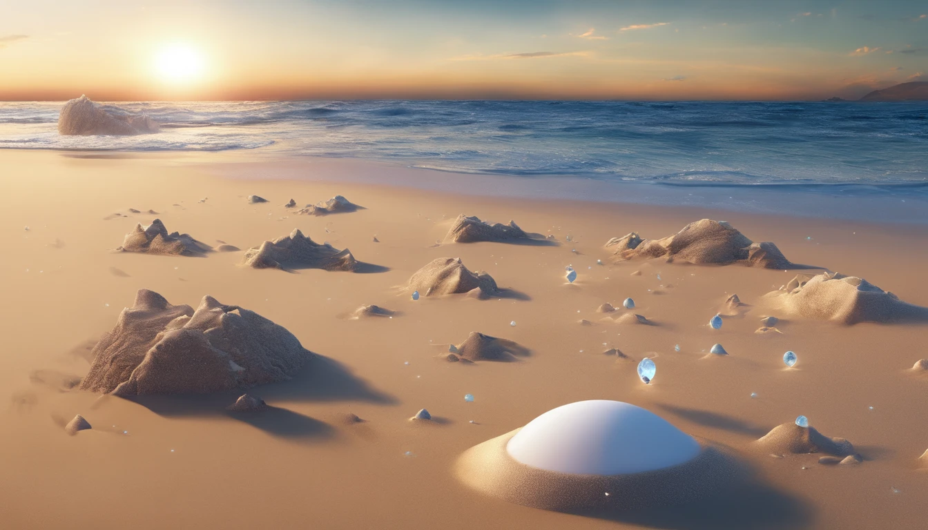 huge planet, the night, starrysky, surrealism, masutepiece, hight resolution、Impressive Milky Way、sand beach、Blue Sea、Jewelry Ice