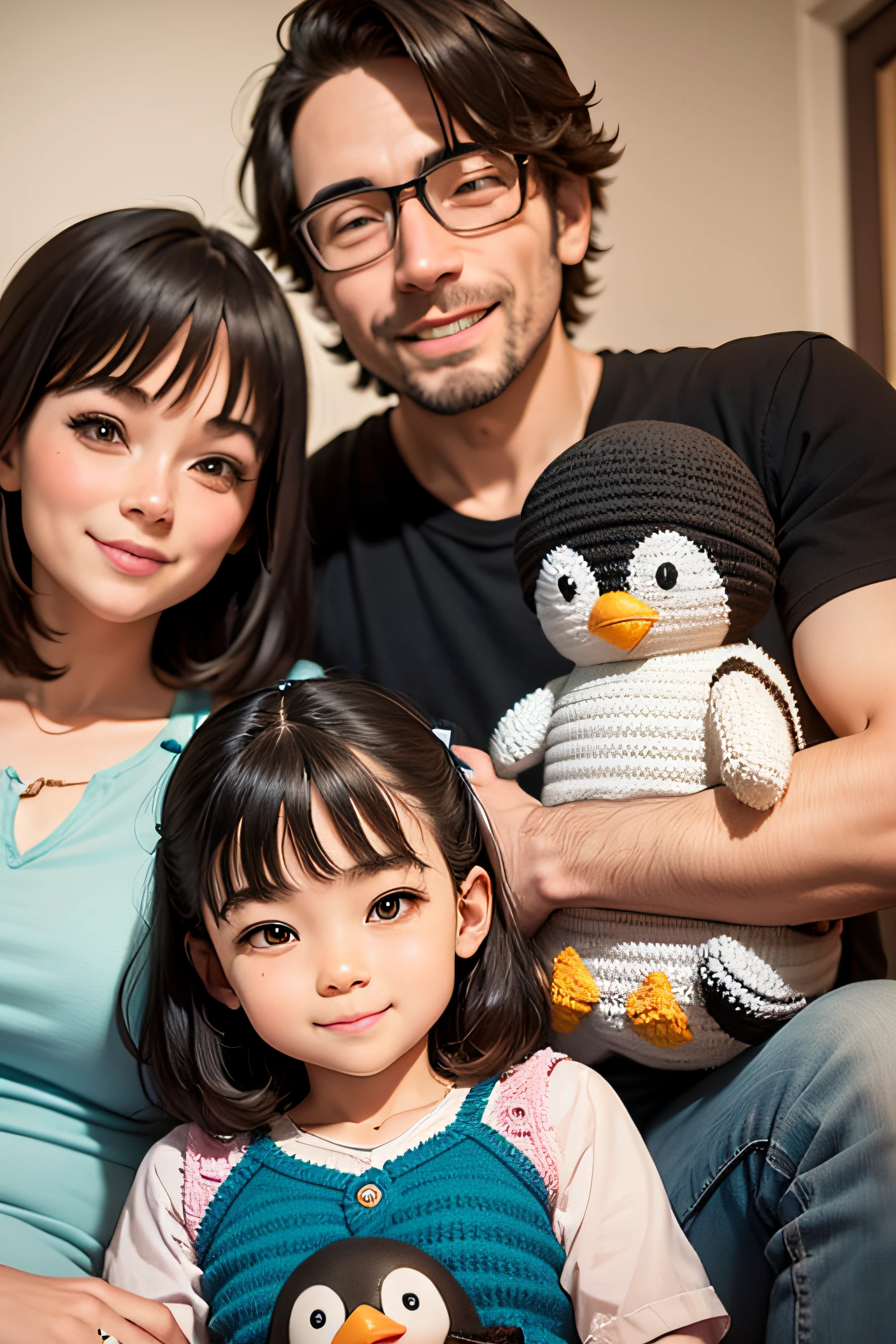 a small family one mom and one dad with their daughter holding penguin crochet doll together while smiling