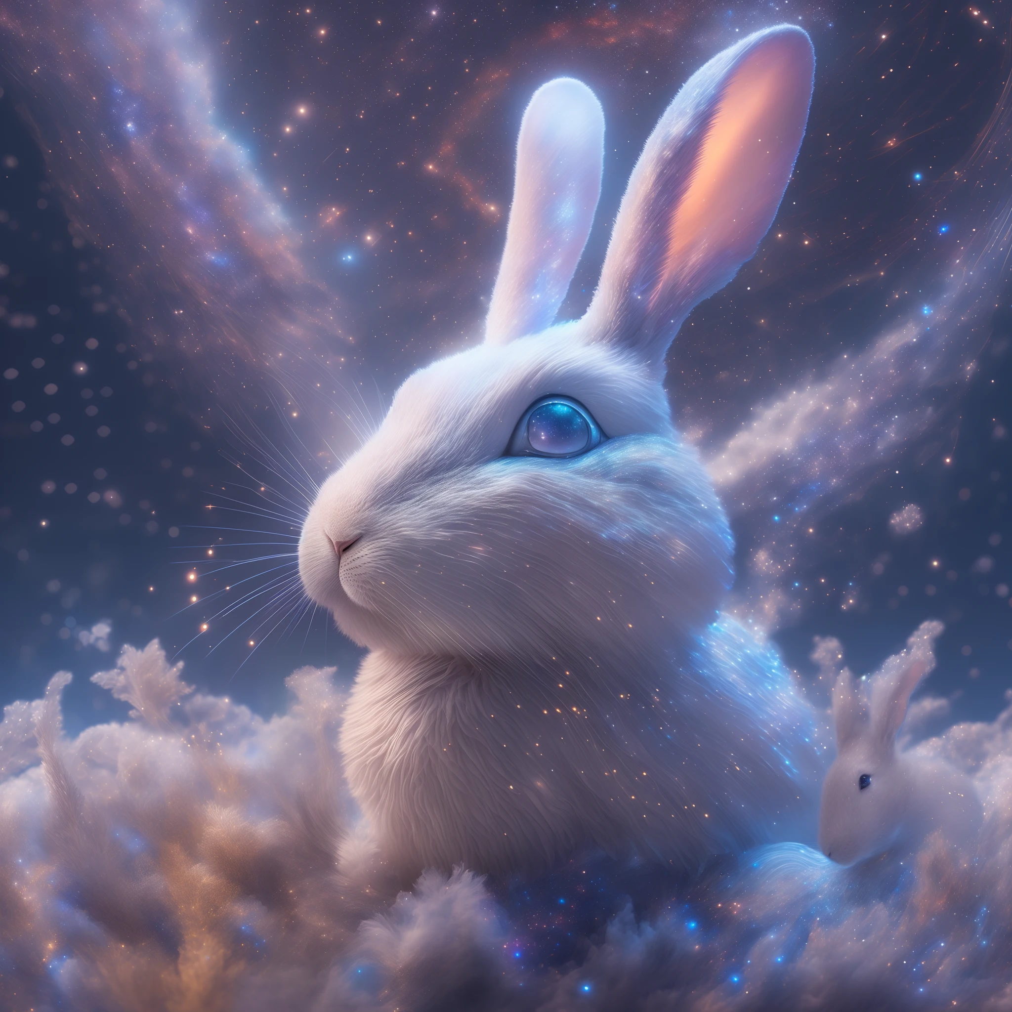 (Best quality,4K,8K,A high resolution,Masterpiece:1.2),Ultra-detailed,(Realistic,Photorealistic,photo-realistic:1.37),galaxias, spirals, space, Starcloud, stars, Smoke, glitters, intricately details, (The shape of a white rabbit), brilliant colorful,rendering by octane、Octane number plot、Fantasyart