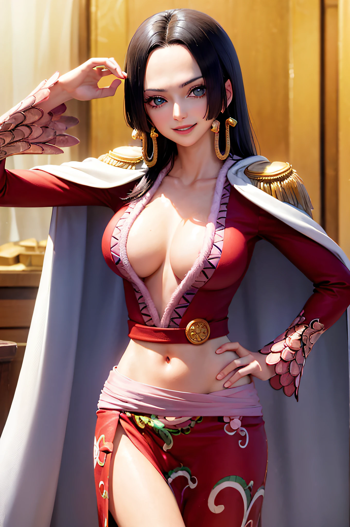 (masterpiece, best quality:1.2), cowboy shot, solo, 1girl, boa hancock, smile, looking at viewer, hand on hip, cape, epaulettes, cleavage, jewelry, earrings, midriff