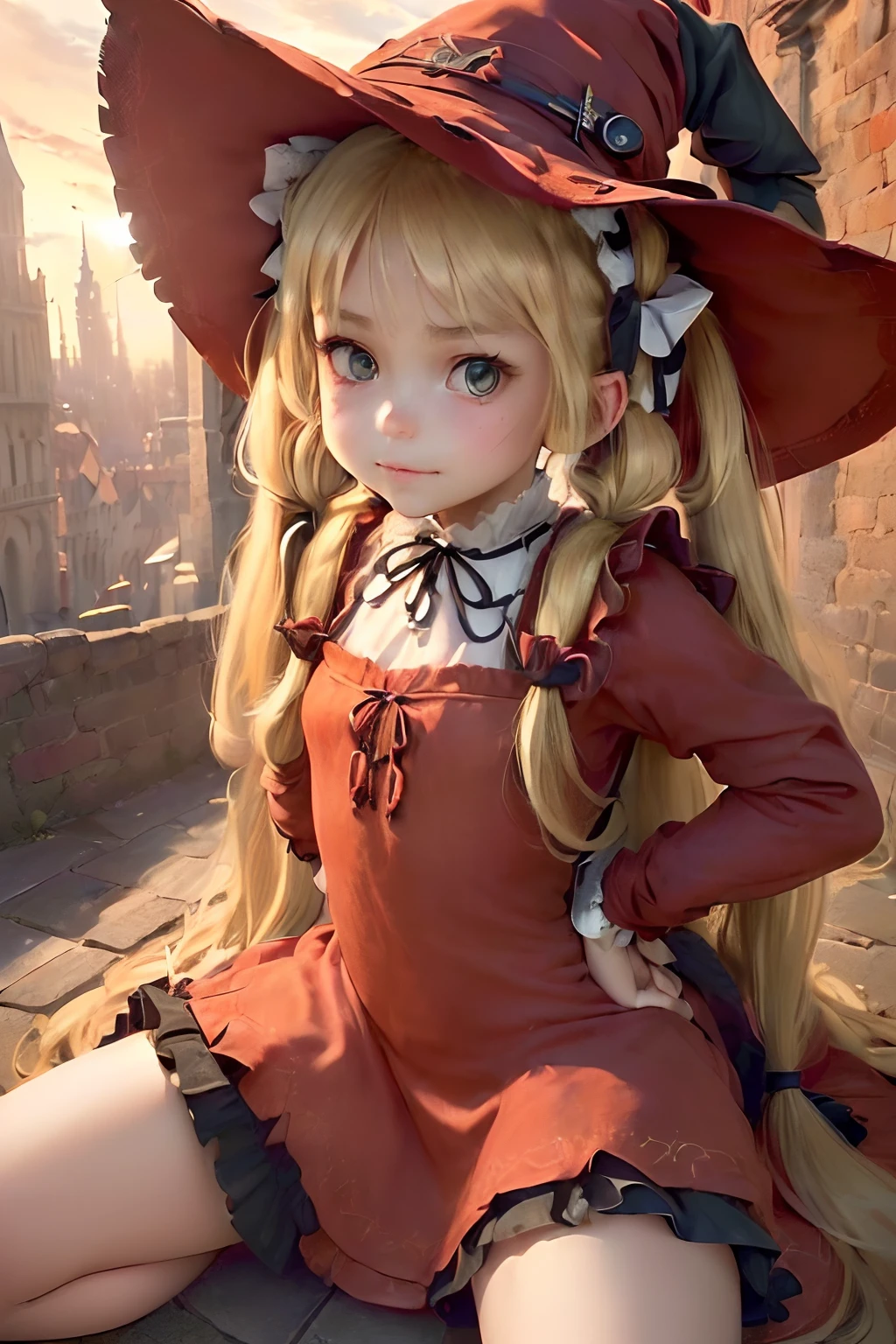 ((((hyperdetailed face, Perfect face and nice perfect face)))),( hight resolution, ultra-detailliert), (((((Petite girl with long hair blonde twin tails)))),(())),((((Red Maid Dress)))),（((girl with))),,(((()))),(((witch's hat))),(((Open your legs))),(((Fold your hands behind your back))),(((Laugh innocently,Medieval cityscape)))