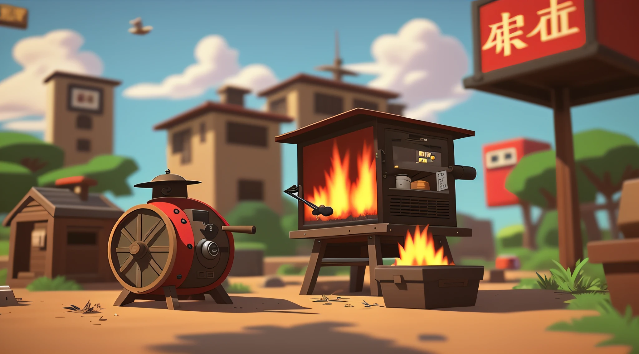 Small roast 2, American manga style, loading screen, barbecue, 2d side scrolling game, loading screen, side scroller game, plataform 2 d game, 2 d game, miniaturecore, TF 2, TF2, 2d game asset,Pure background, barbecue, 火焰, OC renderer,8K high-definition,game scenes