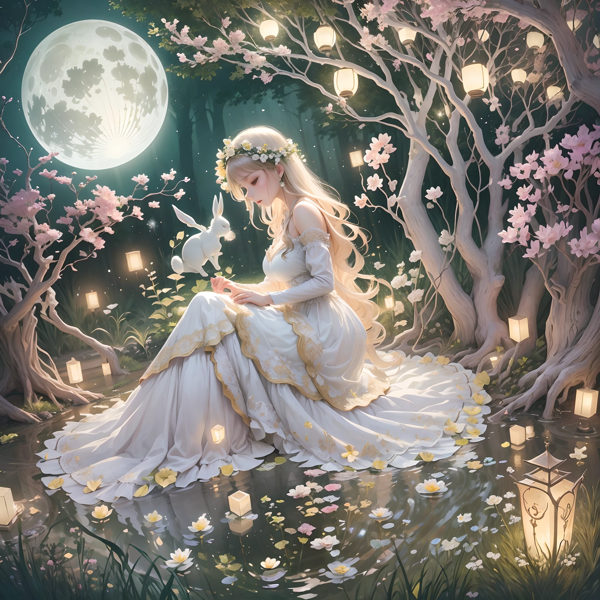 Girl in the garden,paper cut out,Delicate flowers,Pastel colors,Best quality,mediating:Dreamy,serene,Surreal,fantasy,Detailed eyes,sophisticated dress,Lush greenery,Endless meadows,Soft sunlight,magical,Peaceful,Whimsical,Graceful,(A smart rabbit),Sleep in the moonlight,Moonlit pond,luminous,Ethereal,Holographic flower,Romantic,Dream-like,Enchanted,Golden vines,Serene face,Long eyelashes,light breeze,rays of moonlight,Dancing tree,Floating lanterns,tranquil,Sparkling water,Crystal clear reflections,Delicate moon,Celestial,big breasts enchanting,Night garden,Harmony,nature's beauty,an enchanted forest.