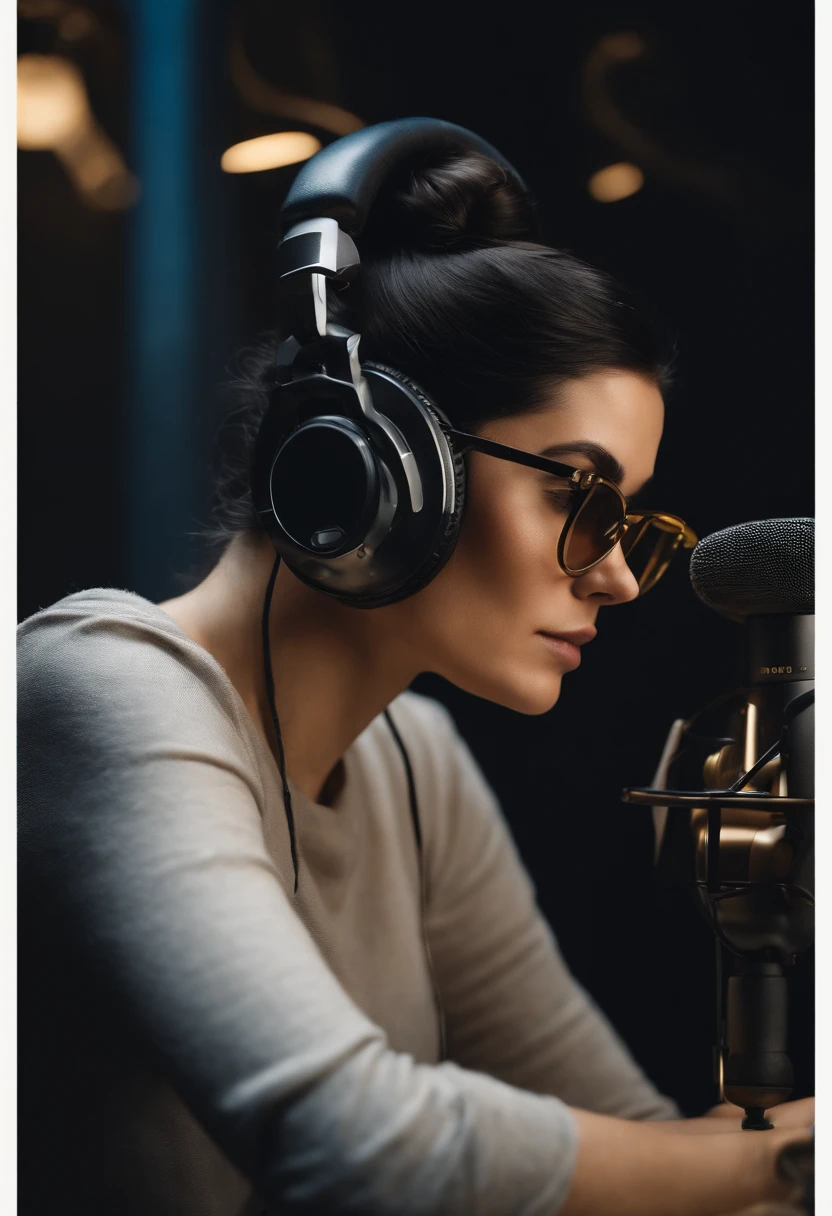 white Black hair girl attached in a bun with a casque recording an audio for podcast with round gold glassess