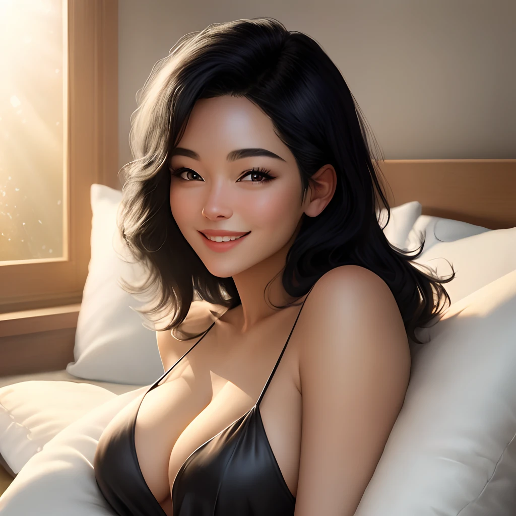 Realistic portrait of a woman with black hair leaning on a soft white pillow in a sexy way with her boobs show up and she dress in a black sexy dress and she smiles with the sun light glow on her face