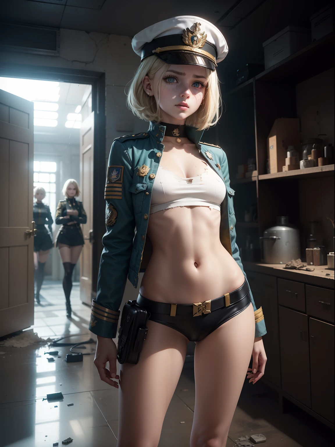 Destroyed towns,3 Ukrainian girls , Ukrainian anime girls , , Ukraine , Full body composition of young girl with messy bright blonde hair, eye make up, , Soft lighting, Solo, Old torn dirty shabby futuristic military uniform, badges, Pose, Blotch color, Octane Render, Hyperrealistic intricate detail, Cinematic, 8K resolution, 70mm, Accent Lighting, Global Illumination, Full body portrait, clean detailed faces, a short bob,intricate clothing, Cute face, flat chest, Slim waist, Slim legs, small hips,Caucasian officer's suit,White Officer's Cap,