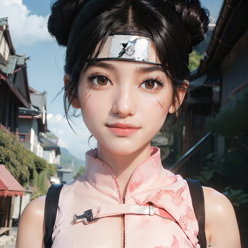 1girl, (8k, RAW photo, best quality, masterpiece:1.2), (ultra highres:1.0),detailed illustration, (real person,fashion photography portrait,photograph), detailed, detailed beautiful skin, (realistic, photo-realistic:1.37), tentenNS, solo, professional lighting, black dress), village, east asian architecture, trees, village hidden in the leaves background,looking_at_viewer, smile,black hair,brown eyes,mitain,toeless footwear,kunai,facial mark,konohagakure symbol,fighting_stance,fence,ninja,adjusting gloves,sleeveless,cleavage, very big breasts