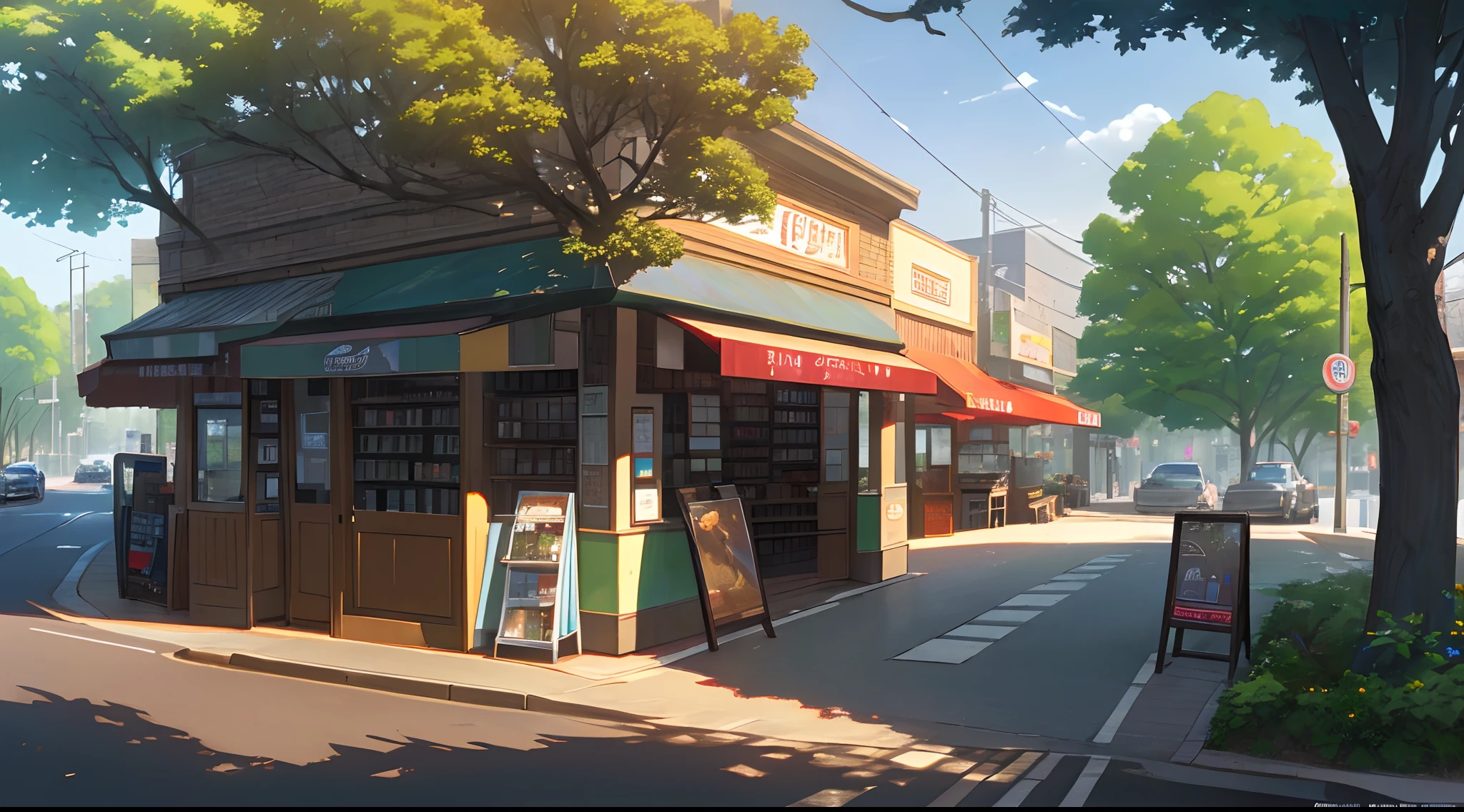 masterpiece, a small convenience store, side walk, morning, good lighting, road, a tree, magazines, a cafe nearby, beautiful view, perfect lines, scenery, 4k hd