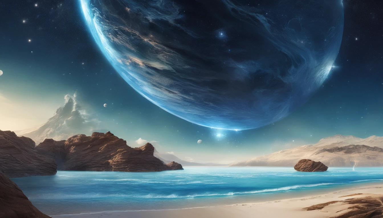 huge planet, the night, starrysky, surrealism, masutepiece, hight resolution、Impressive Milky Way、sand beach、Blue Sea、Washed up ice floes