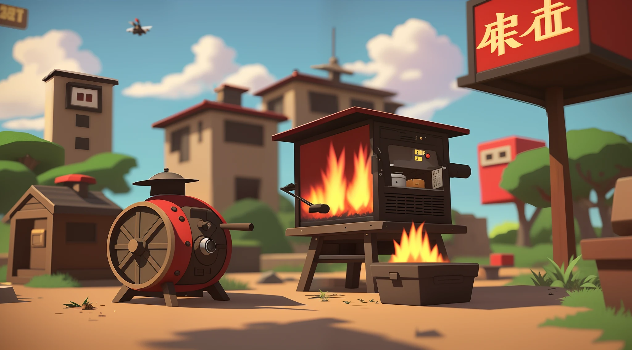 Small roast 2, American manga style, loading screen, barbecue, 2d side scrolling game, loading screen, side scroller game, plataform 2 d game, 2 d game, miniaturecore, TF 2, TF2, 2d game asset,Pure background, barbecue, 火焰, OC renderer,8K high-definition,game scenes