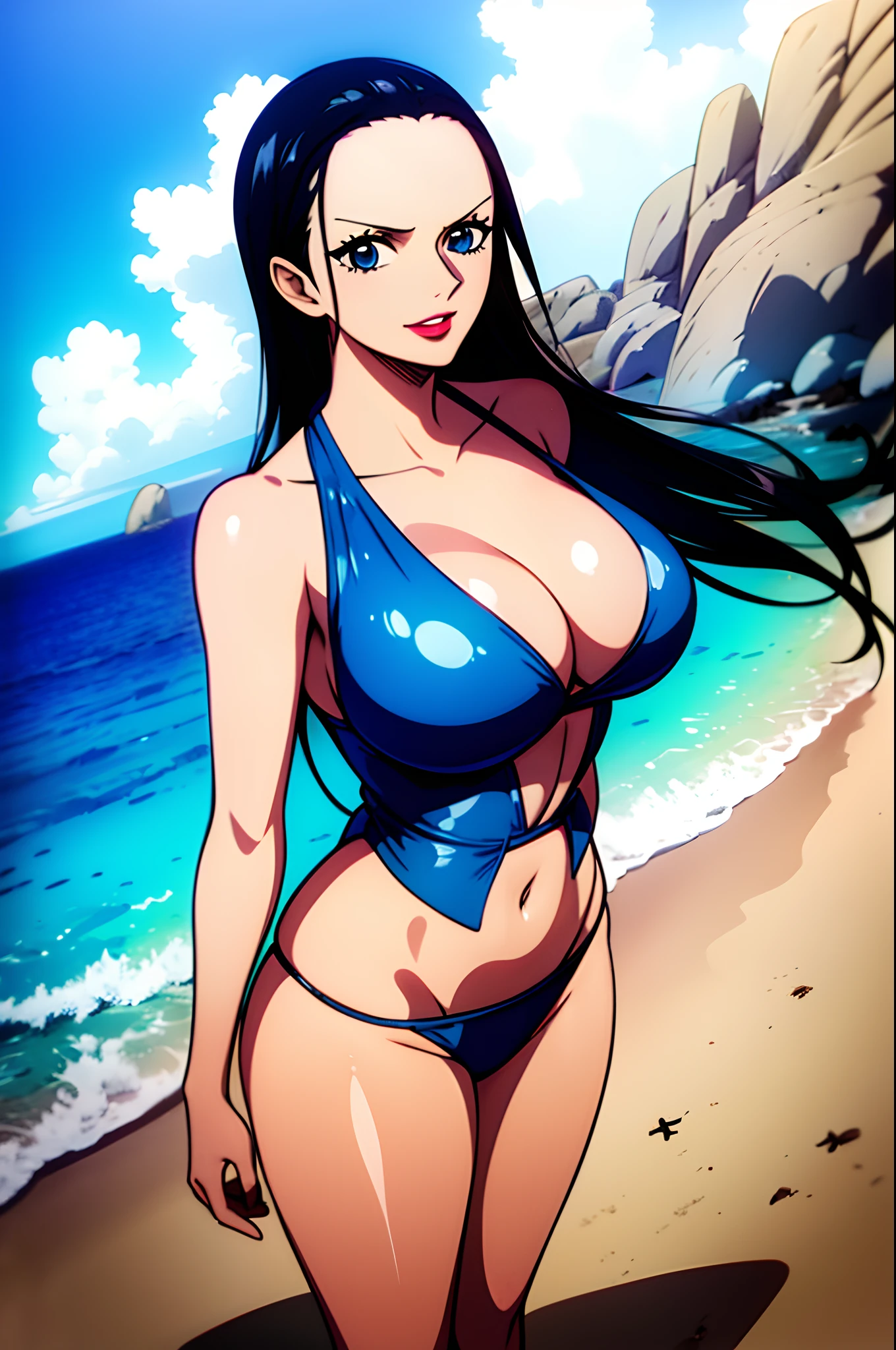 Nico Robin from One Piece wearing a bikini and standing on the beach, happy face, Shiny white skin, sexy position, blue eyes, high quality eyes, Puffy red lips, High quality lips, big ass, big tits, Best Quality.