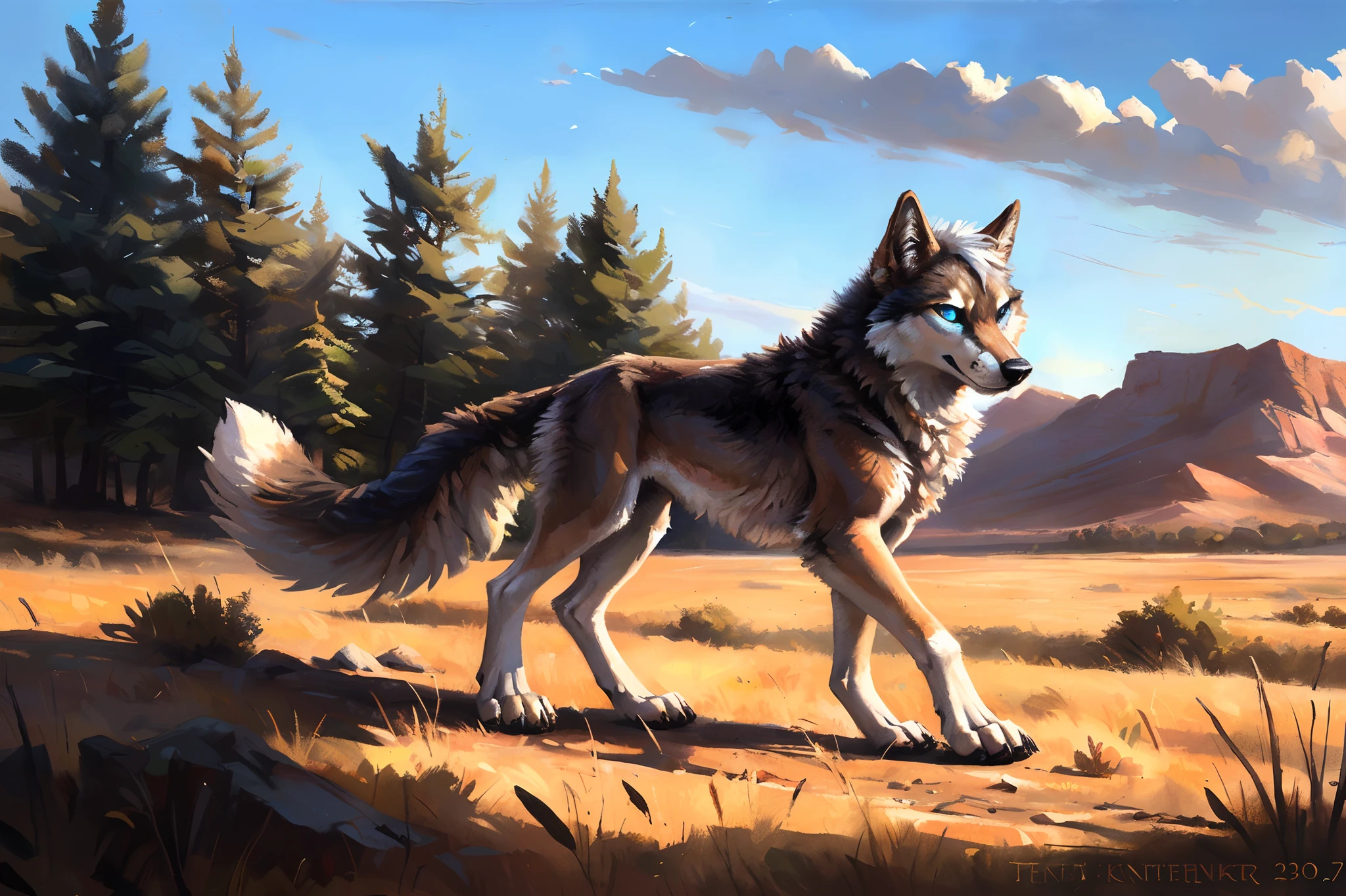 ((Solo)), male people, coyote, (Multi-colored fur, White-brown:1.3), ((Wolf face, White hair, Big eyes, White eyelids, Blue pupil, Slim:1.2) (Tough, Calm expression:1.2)), Abs, Slim, pinging)), (Correct anatomy), A big tail，Feet，Longer torso，Well-proportioned limbs，(Realistic fur, Detailed fur texture, labeled:1.3)), (Natural lighting), Photorealistic, Hyperrealistic, ultradetailed, by Kenket，Naked all over the body，Endless grasslands，Walking