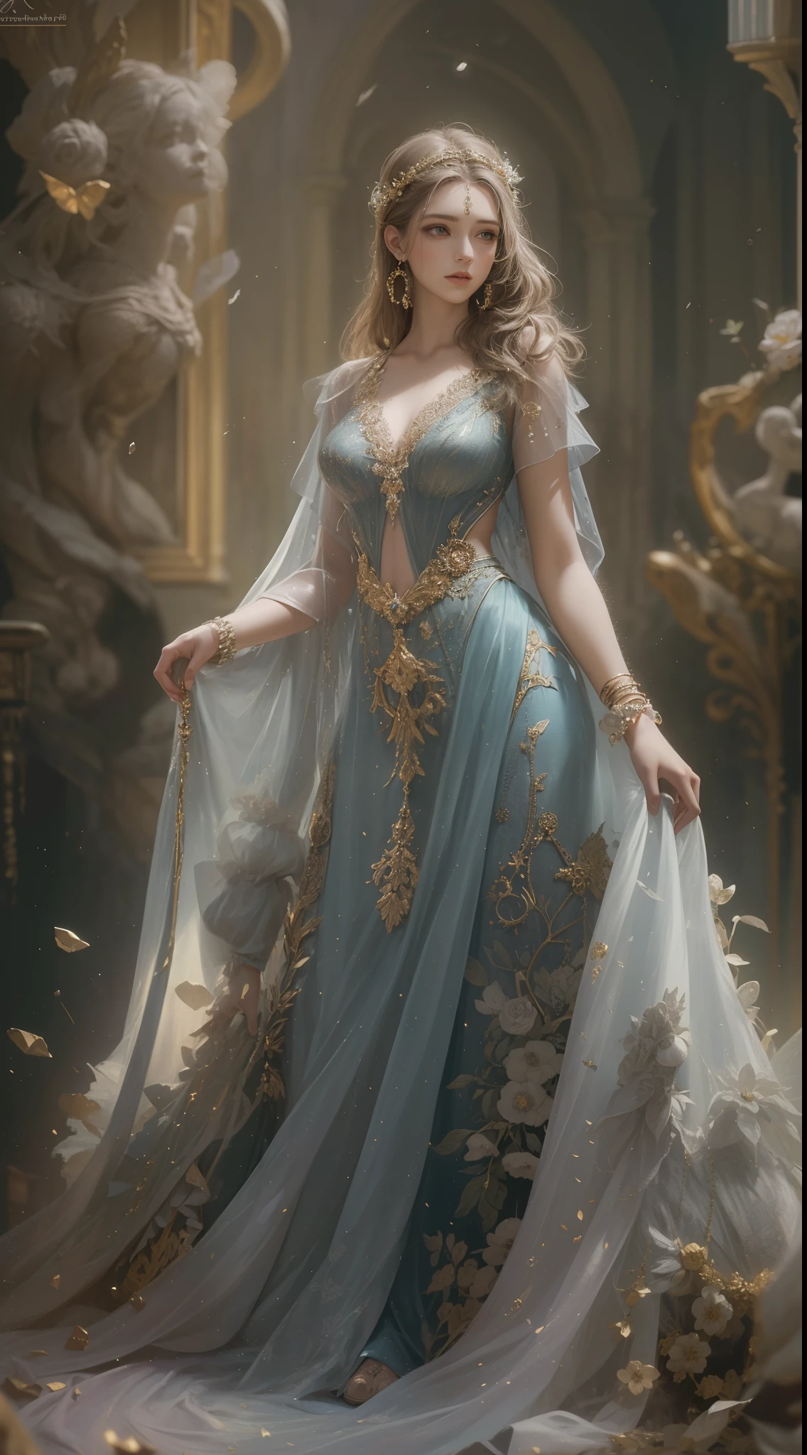(Best quality,8K,A high resolution,Masterpiece:1.2),Ultra-detailed,(Realistic,Photorealistic,photo-realistic:1.37),Portrait,Creative style artwork,Historical,classical,Sophisticated,plethora of colors,Highly detailed,Soft lighting,luxurious environment,detailed gown,Vibrant flowers,detailed jewellery,Ethereal atmosphere,Elegant Pose,Graceful curves,Gold body proportions，Flowing hair,Breathtaking textile patterns,Harsh purple eyes,Delicate floral decoration,A dazzling array of crystal accessories,Mysterious and dreamy atmosphere,Impeccable attention to detail.