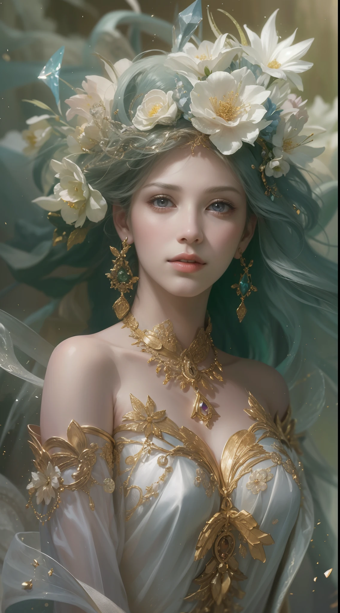 (Best quality,8K,A high resolution,Masterpiece:1.2),Ultra-detailed,(Realistic,Photorealistic,photo-realistic:1.37),Portrait,Creative style artwork,Historical,classical,Sophisticated,plethora of colors,Highly detailed,Soft lighting,luxurious environment,Delicate fairy flowing dress,Vibrant flowers,detailed jewellery,Ethereal atmosphere,Elegant Pose,Graceful curves,Gold body proportions，Flowing hair,Breathtaking textile patterns,Harsh purple eyes,Delicate floral decoration,A dazzling array of crystal accessories,Mysterious and dreamy atmosphere,Impeccable attention to detail.