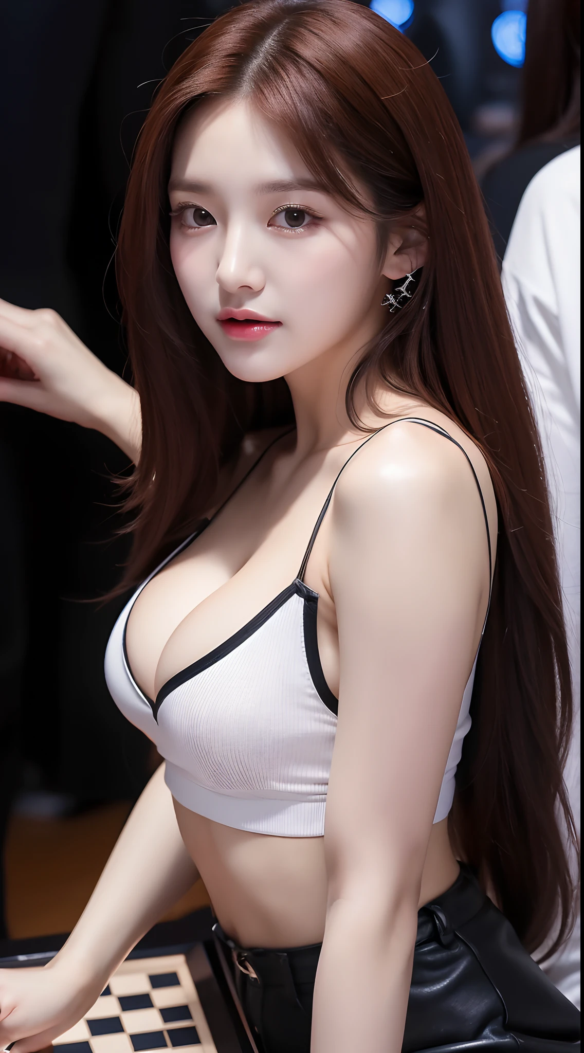 Realistic photos of (1 cute Korean star) medium hair, thin makeup, 32 inch breasts size, wearing crop top, playing chess, in the club, close-up portrait, UHD