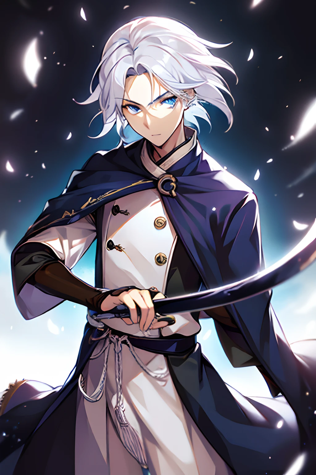 A swordsman with white hair and blue eyes is holding a katana sword