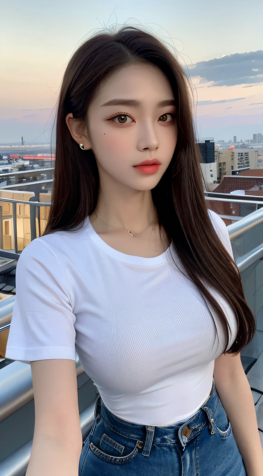 ((full moon night , Best quality, 8k, Masterpiece :1.3)), Whole body, Long legs, Sharp focus :1.2, A beautiful girl with perfect figure :1.4, perfect body abs :1.1, ((Dark brown hair, medium breasts :1.2)), (White tight tshirt, Jean bib, Standing:1.2), ((city view,), Highly detailed face and skin texture, Detailed eyes, Double eyelid
