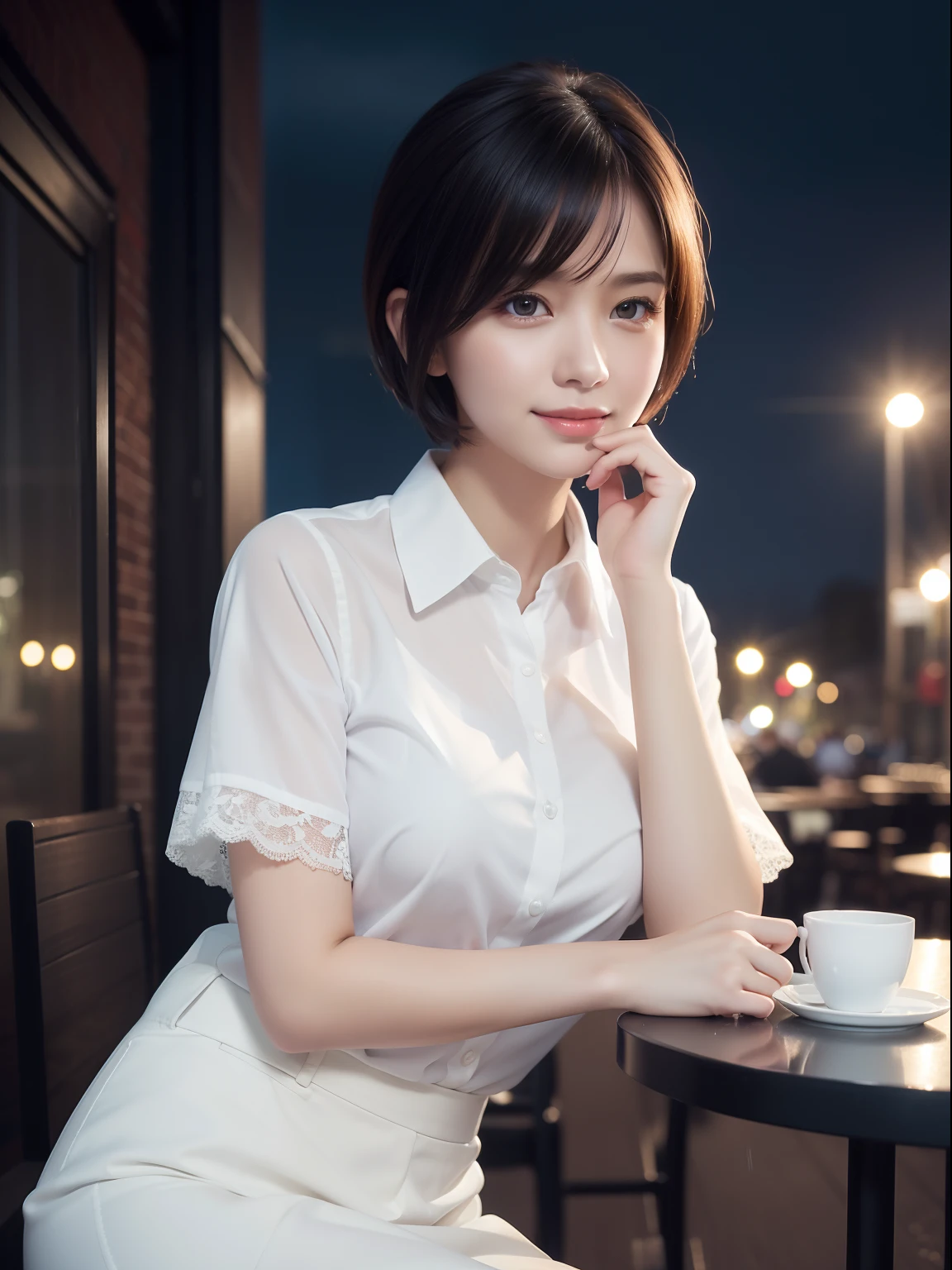 A close up of a woman sitting at a table with a cup of coffee - SeaArt AI
