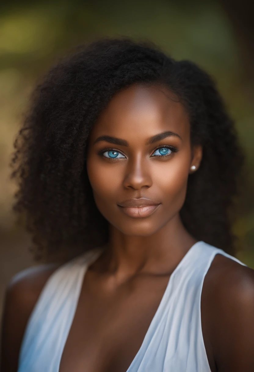 An attractive woman who is half Gambian and Swedish with blue eyes aged 25