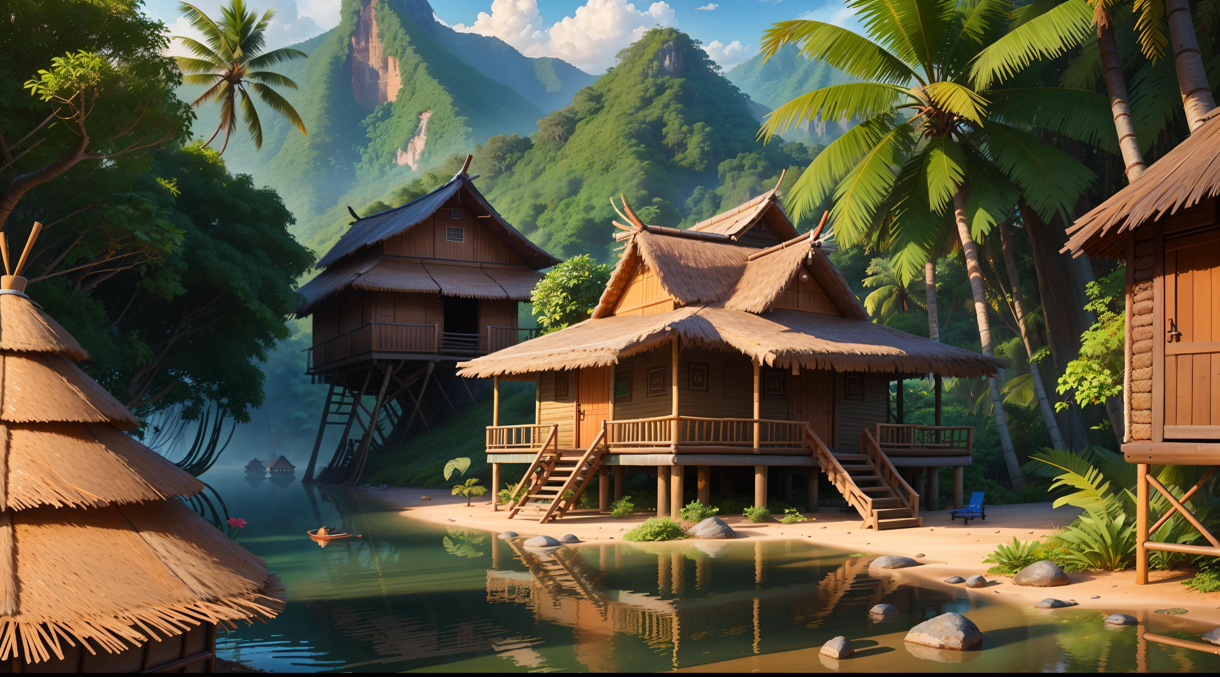 vulgar and detailed tribe built on river, vulgar indigenous huts, focus on a big trade hut in the tribe in the middle of the image, Java, exterior, Southeast Asia, ancient, exterior, native budiling style, humid and wet, indigenous furniture, the tribe is built in South East Asia jungle, hot, humid and heavy rain fall, random views, no man, no woman, no girl, no boy, no person, no people, no boat, no ship, no asphalt road, trees are in the background, tropical location, tribe huts in the jungle, bamboo huts, tropical landscape, tropical setting, jungle setting, tropical paradise, luxurious wooden cottage, tropical beach paradise, tropical style, very detailed paradise, wooden houses, huts, paradise in the background, wooden cottage, tropical atmosphere, beautiful detailed scene