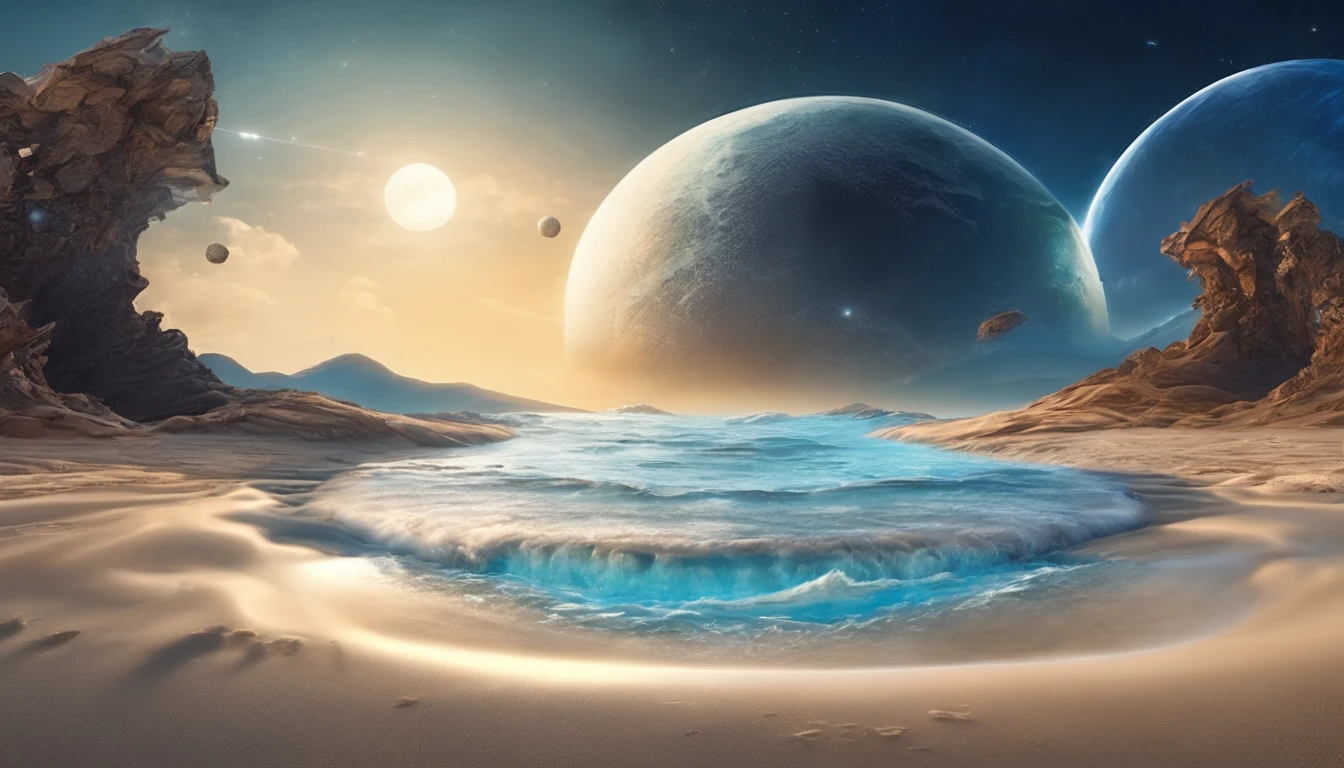 huge planet, the night, starrysky, surrealism, masutepiece, hight resolution、Impressive Milky Way、sand beach、Blue Sea、drift ice