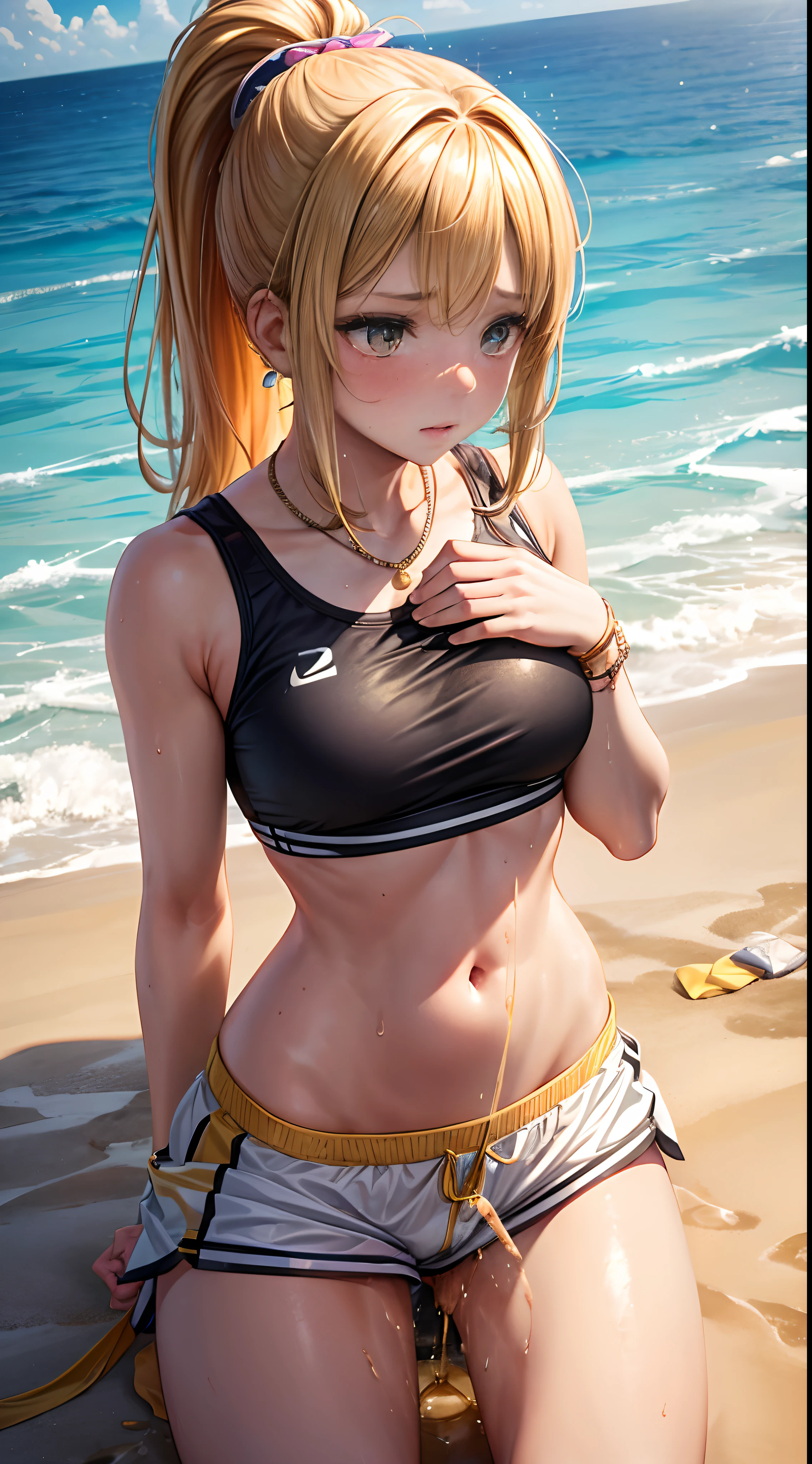 1womanl,ar old,den head hair,Beautiful ponytail hairstyle, sports wear,White Sports Bra,Shorts Small breasts,Sheer Sports Bra,Leaking pee,My crotch is wet,(Lift Jewelry:1.3),(Urination:1.4),(embarrassed:1.2),sand beach