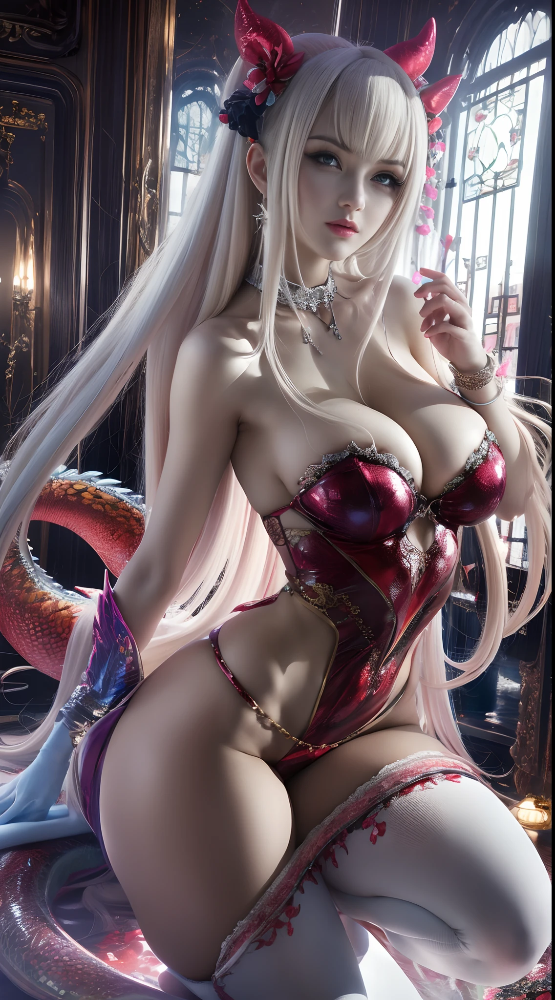 （Very detailed CG unity 8K wallpaper，tmasterpiece，best qualtiy，ultra - detailed，beatiful detailed eyes：1.2），best illuminate，（Extremely refined and beautiful），The girl is surrounded by dragons，（1girll：1.4），Facing the camera, Looking at the audience, Large breasts，独奏，full bodyesbian，white dresses，（Colorful dragon：1.4），naked leg，long  skirt，